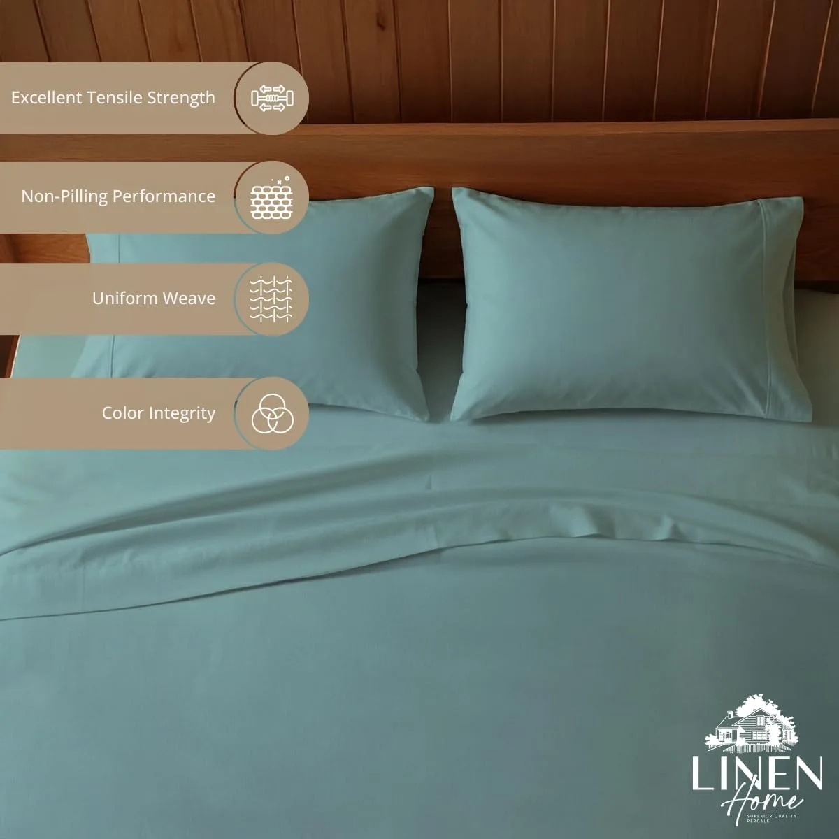 Linen Home 100% Cotton Percale King Sheets, 4 Pc Cooling Set - Aqua Blue