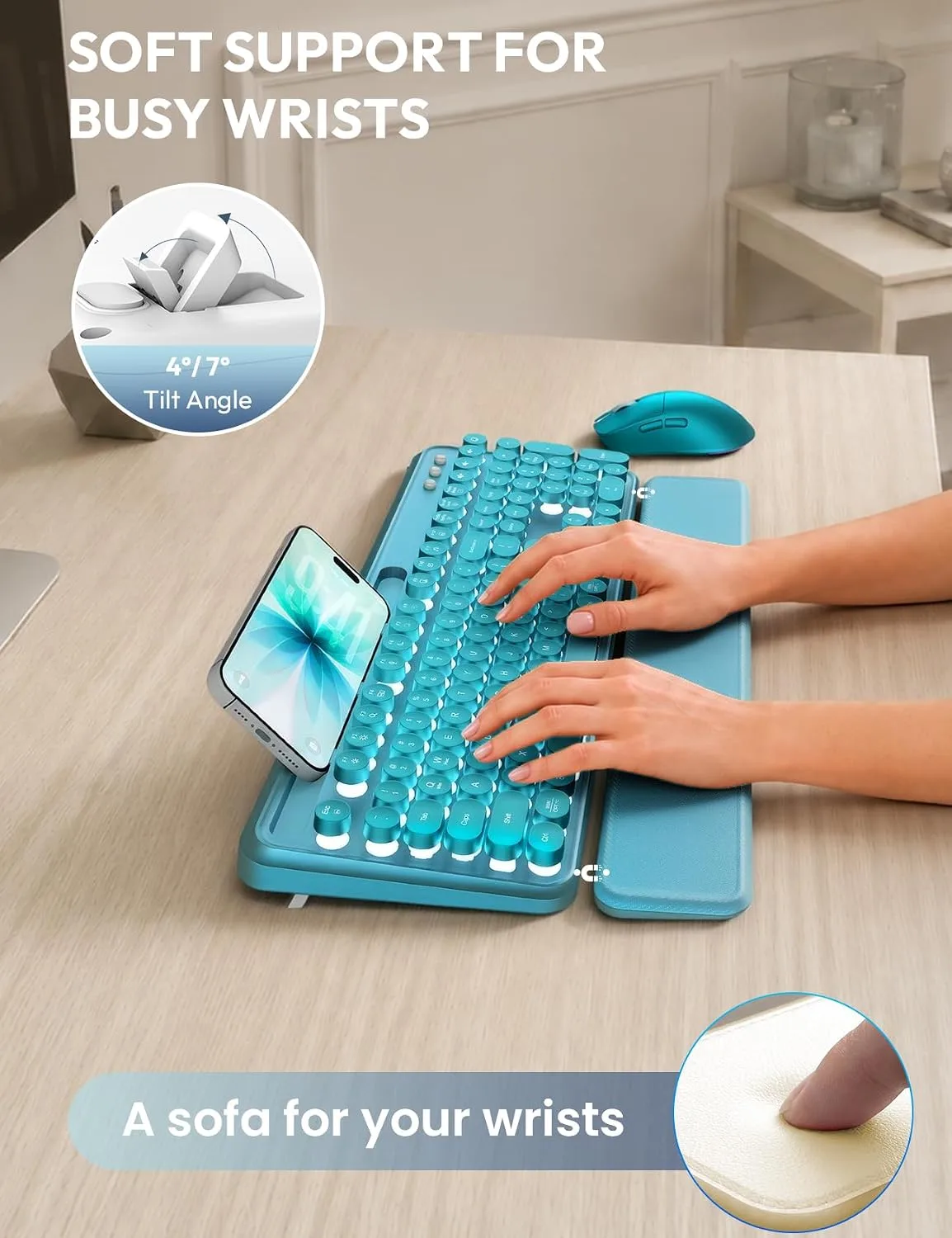 Wireless Keyboard and Mouse, Backlit Typewriter with Magnetic Wrist Rest