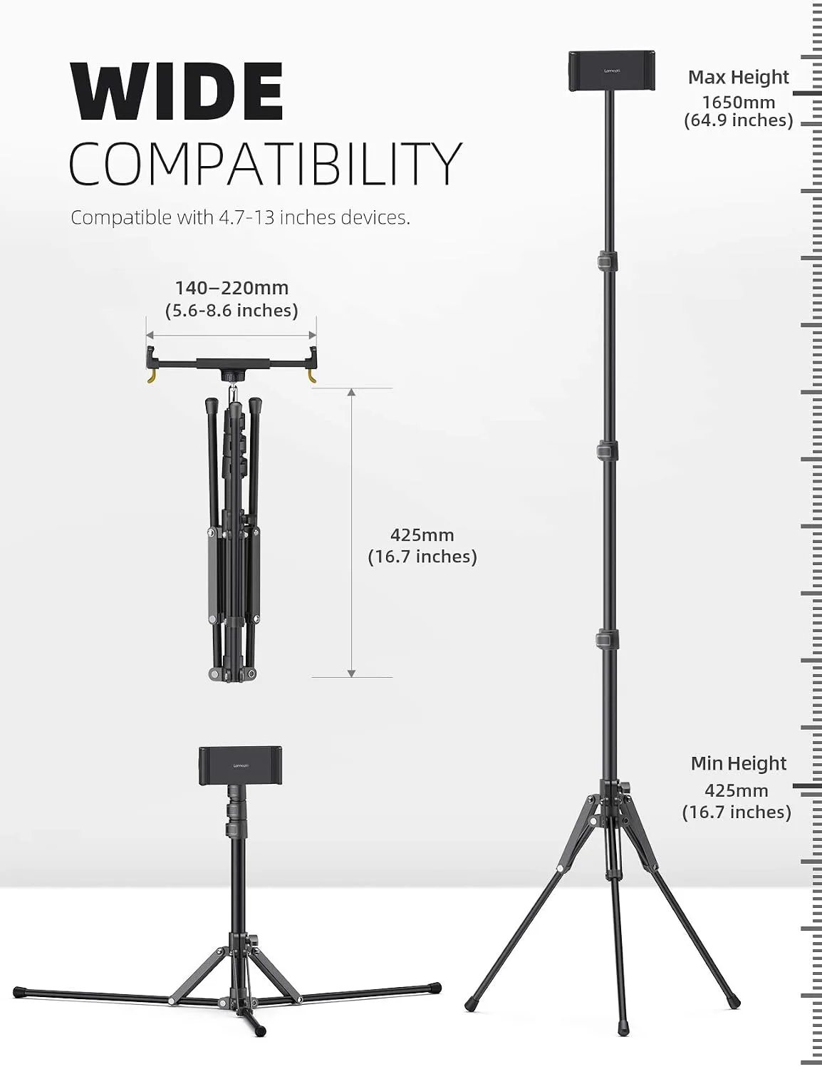 Lamicall Tablet Floor Tripod Stand 64.9" Fast Adjustable Height iPad Holder