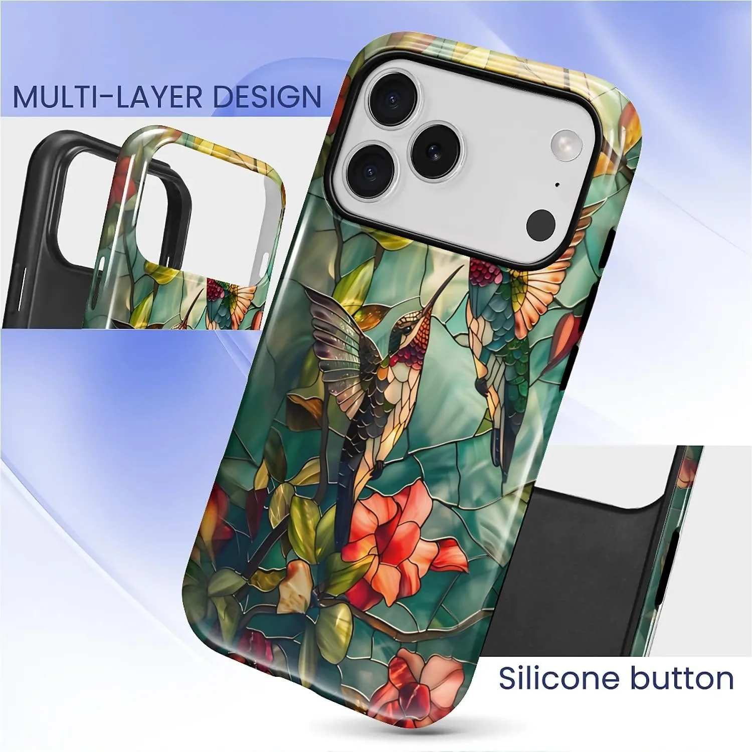 DAIZAG Case for iPhone 17 Pro,Mixed 2 Layer Design Shockproof Soft TPU Ddouble Protection Phone Case for iPhone 17 Pro-Gorgeous Hummingbird