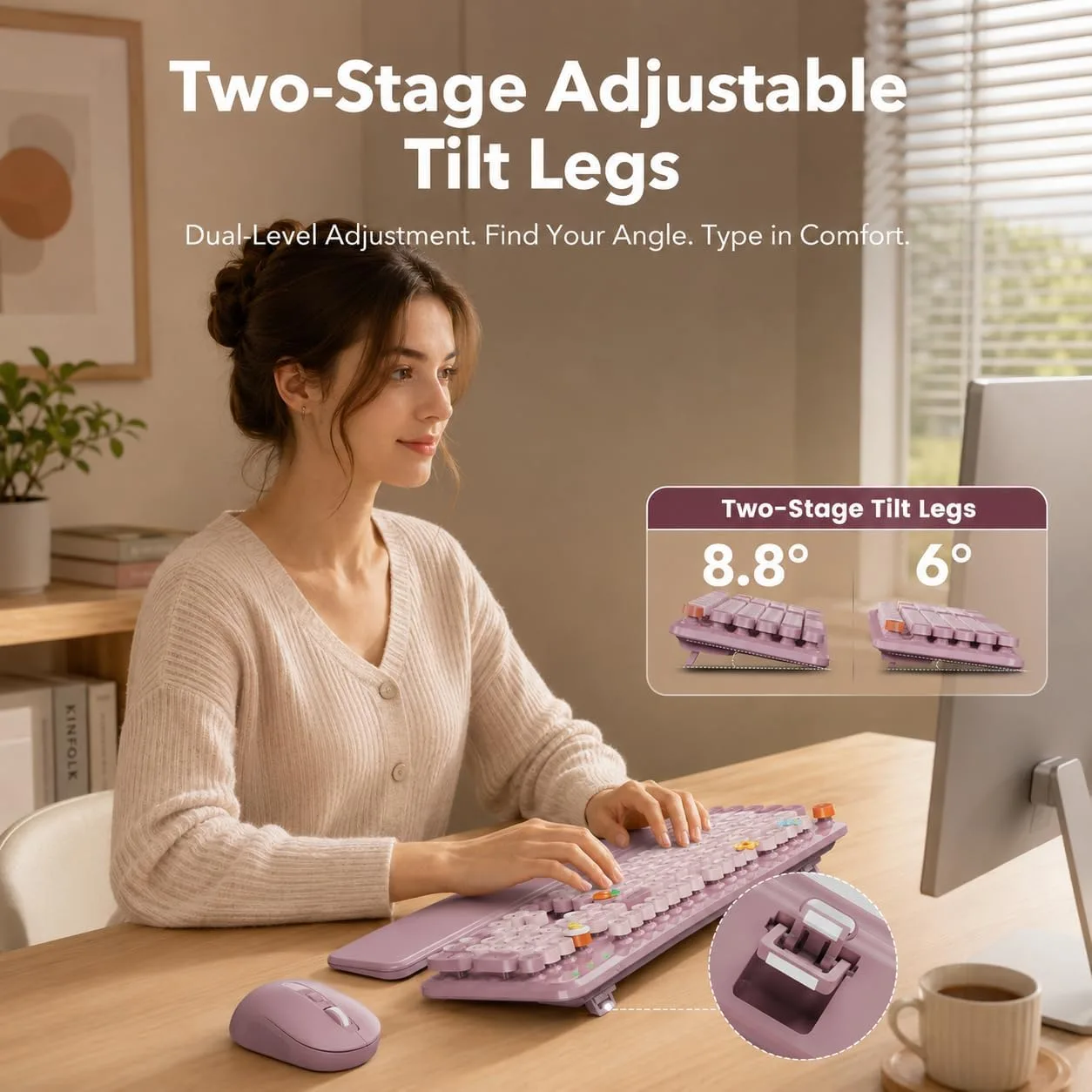 Wireless Keyboard and Mouse, Round Keycaps, Magnetic Wrist Rest, Dusty Rose