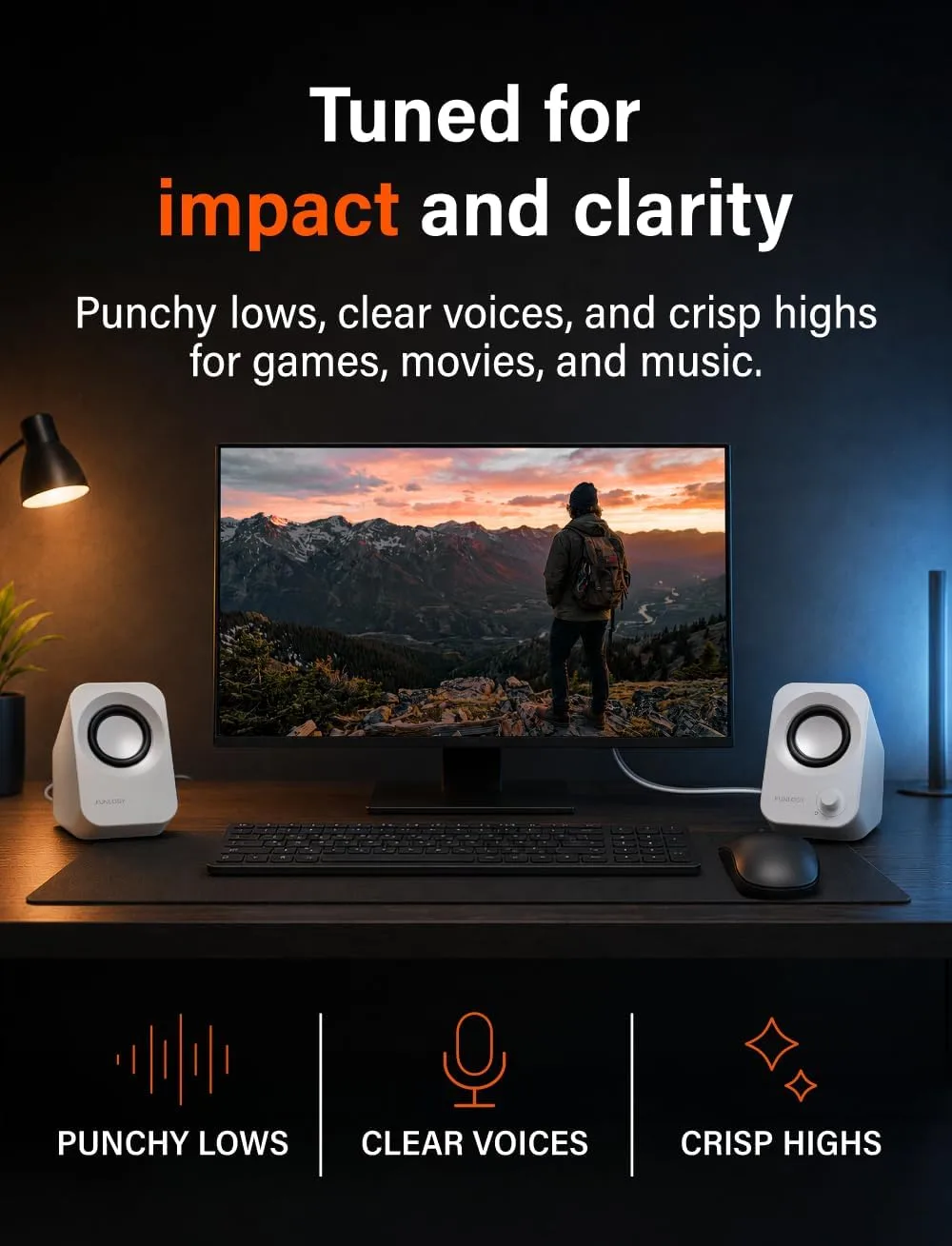 FUNLOGY Speaker Plus - 14W Stereo PC Speakers, Dual Amplifiers & DSP Tuned, USB-C Powered, 3.5mm AUX, Compact Desktop Speakers with 30° Tilt, for PC, Laptop, Monitor & Gaming,White