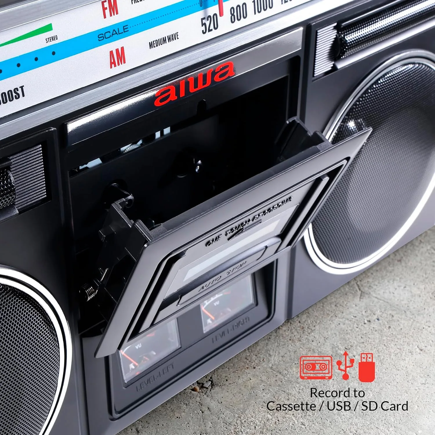 aiwa Portable Retro Boombox BackTrack Jr, Vintage Bluetooth Speaker with Cassette Player, Bluetooth, FM/AM Radio, USB & AUX for Home, Outdoor, and Travel Listening (Black)