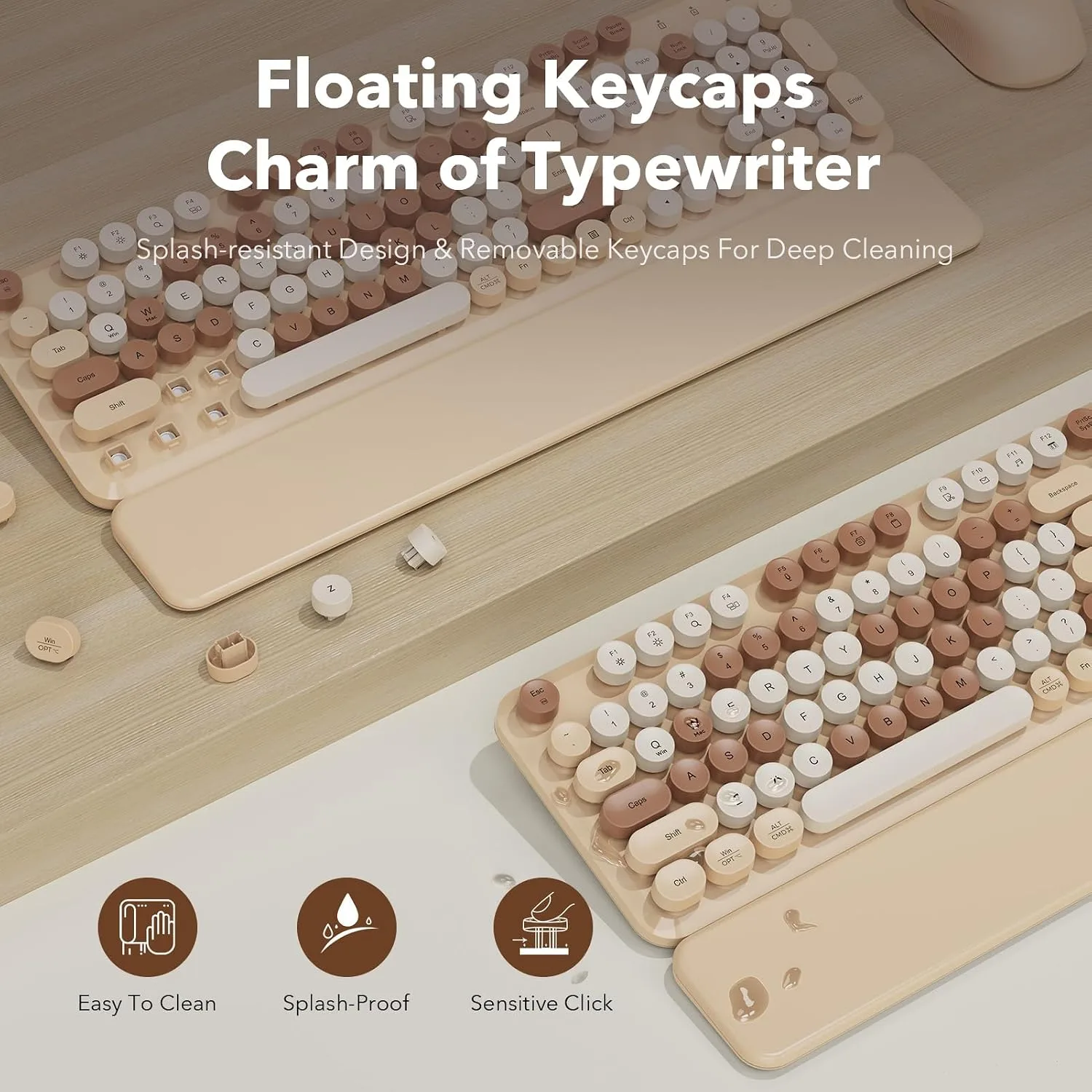 Wireless Keyboard and Mouse, Round Keycap, Magnetic Wrist Rest, Latte Beige