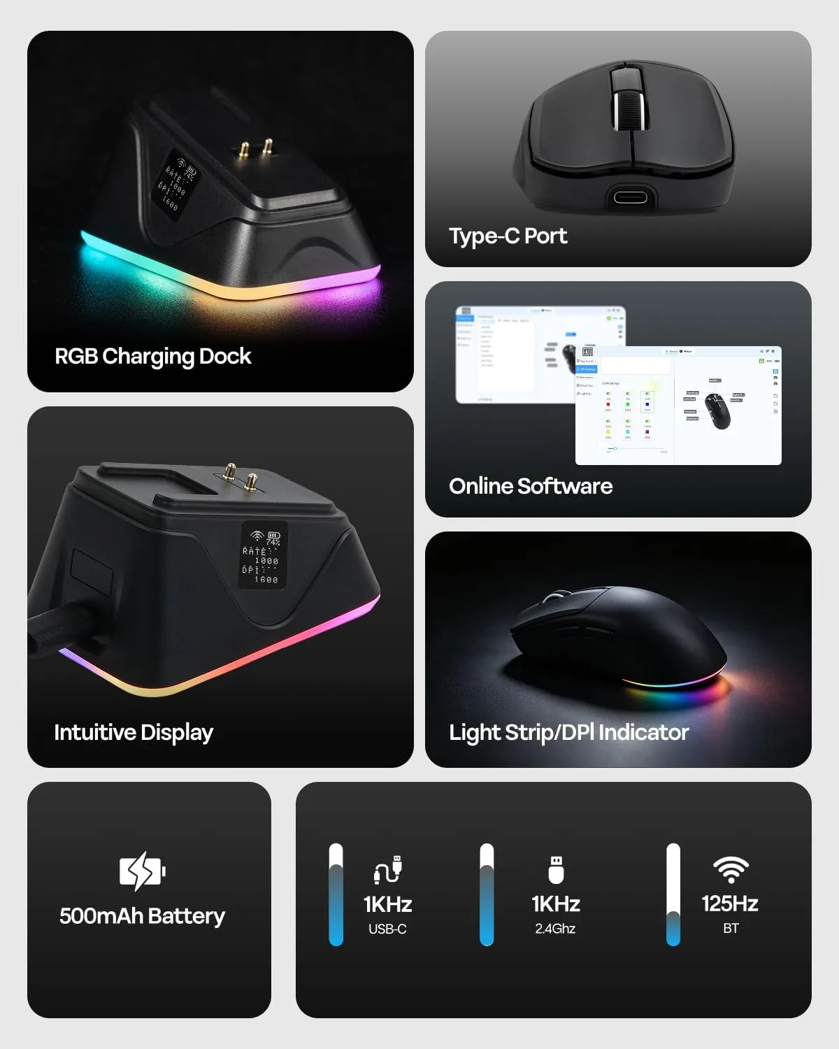 EPOMAKER NEX Lite Wireless Gaming Mouse w/Screens & RGB Charging Dock