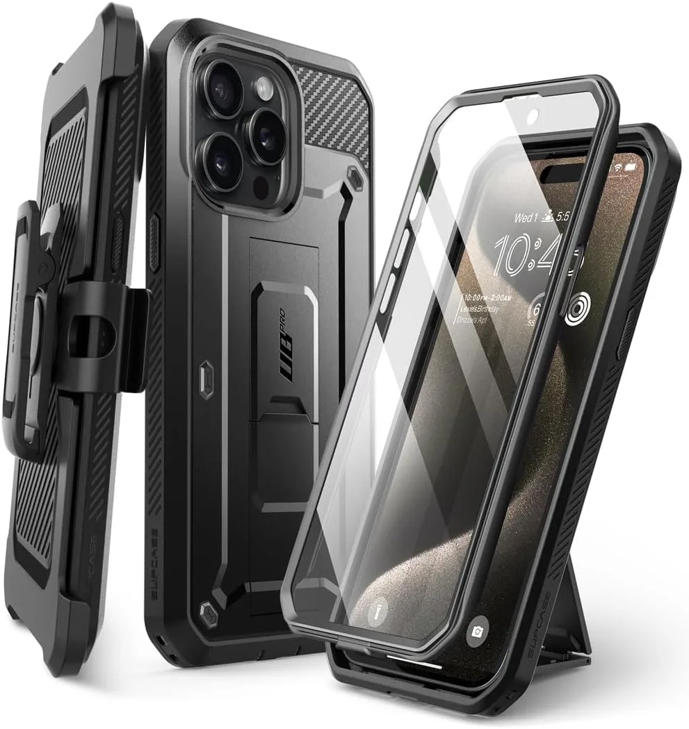 SUPCASE for iPhone 15 Pro Max Case with Stand & Screen Protector, Black