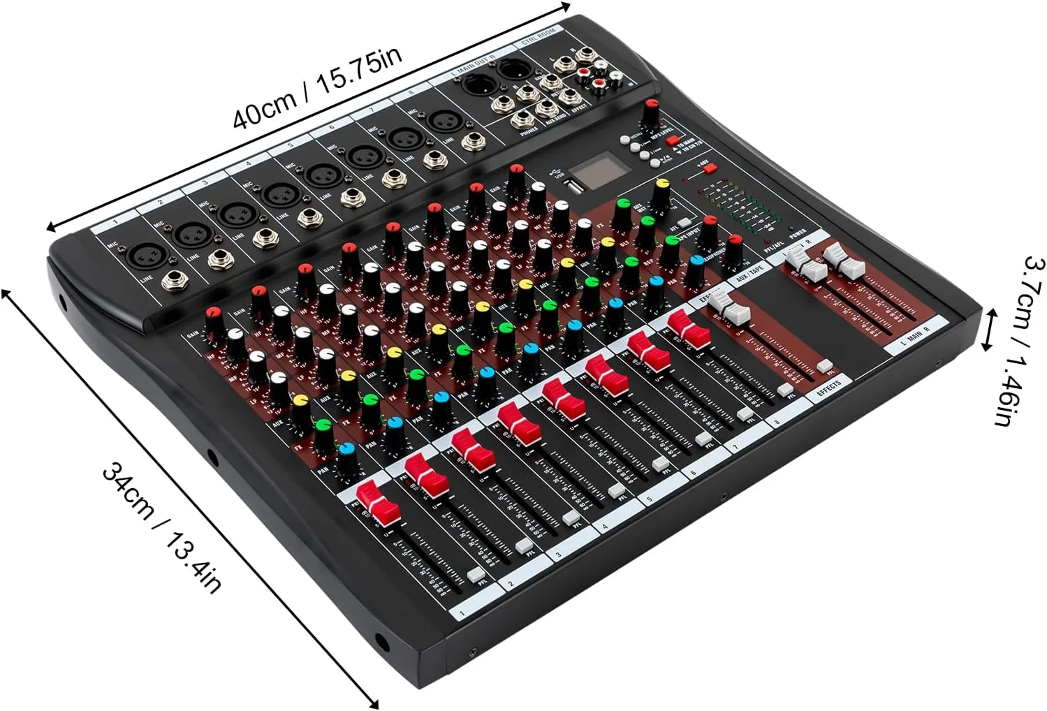 Audio Mixer 8-Channel,DJ Mixer with Bluetooth & 3-Band EQ,Sound Mixer Board with +48V Phantom Power,10-Segment LED,XLR Inputs,Metal Chassis Digital Mixer for Studio Live Music Karaoke