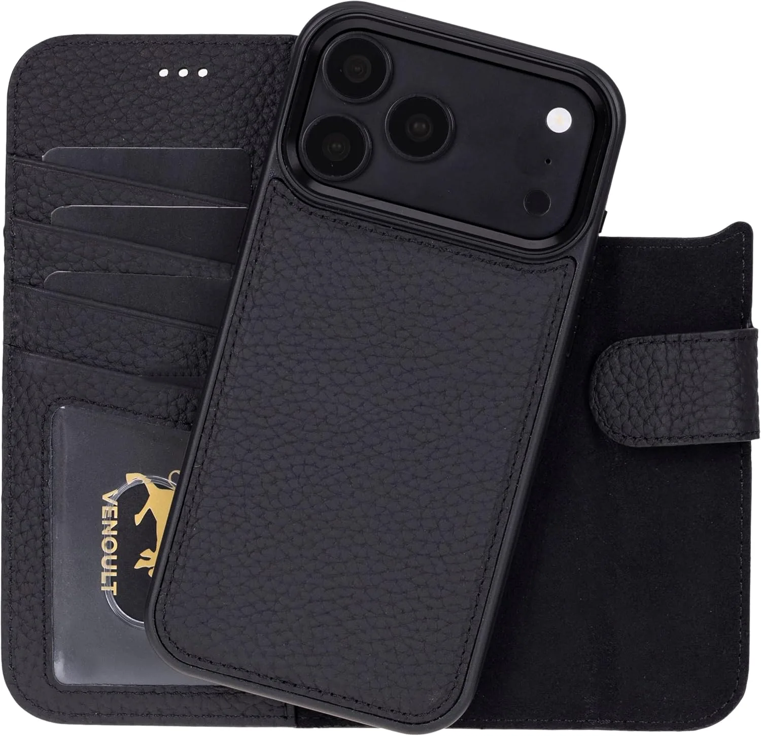 VENOULT Pebble Black Wallet Case for iPhone 18 Pro MAX, Full Grain Leather