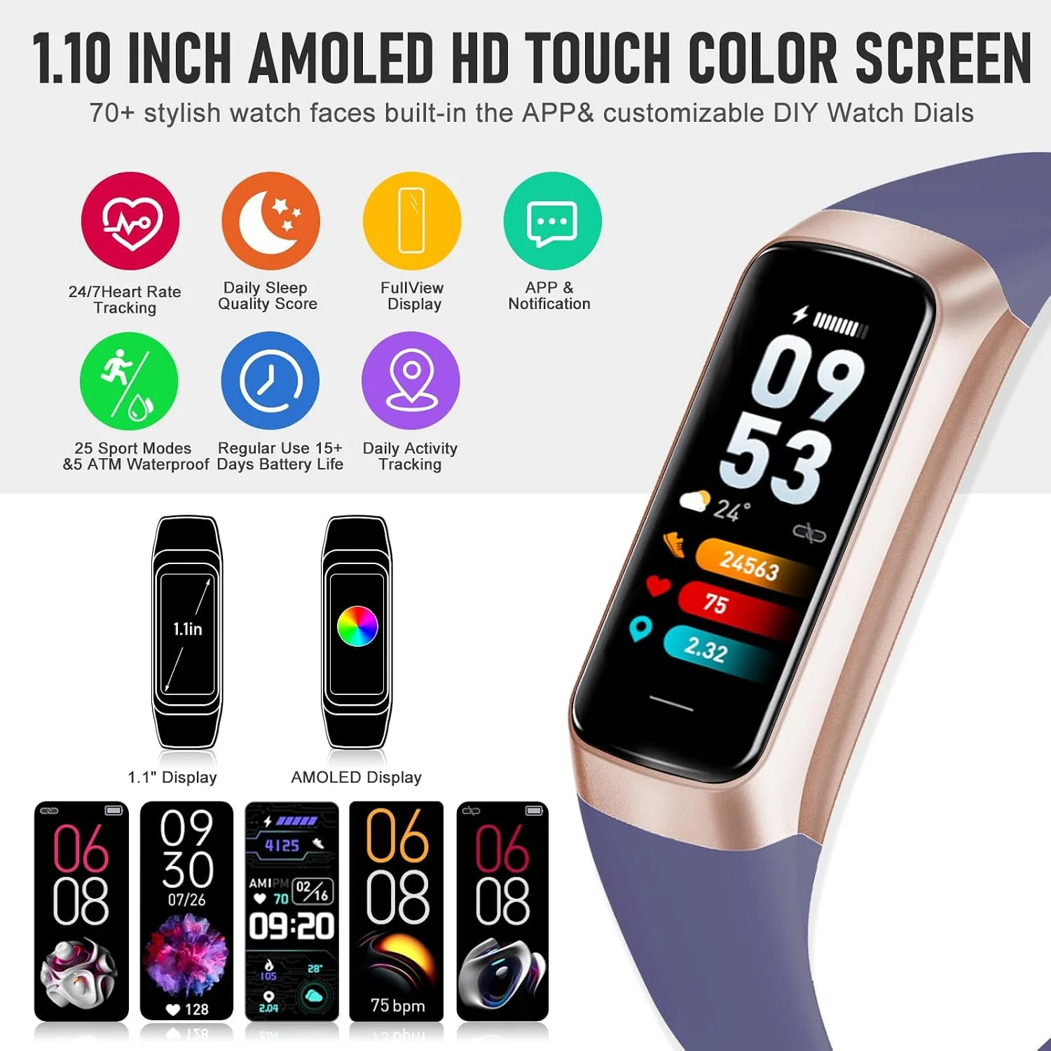 Fitness Tracker with 24/7 Heart Rate, Activity Trackers with Blood Pressure Sleep Monitor, 1.10" AMOLED Screen Step Tracker, Waterproof Step Counter, Health Smart Watch Pedometer for Women Men