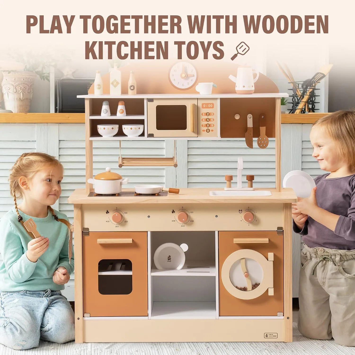 ROBUD Wooden Play Kitchen for Kids Toddlers, Kids Kitchen Playset