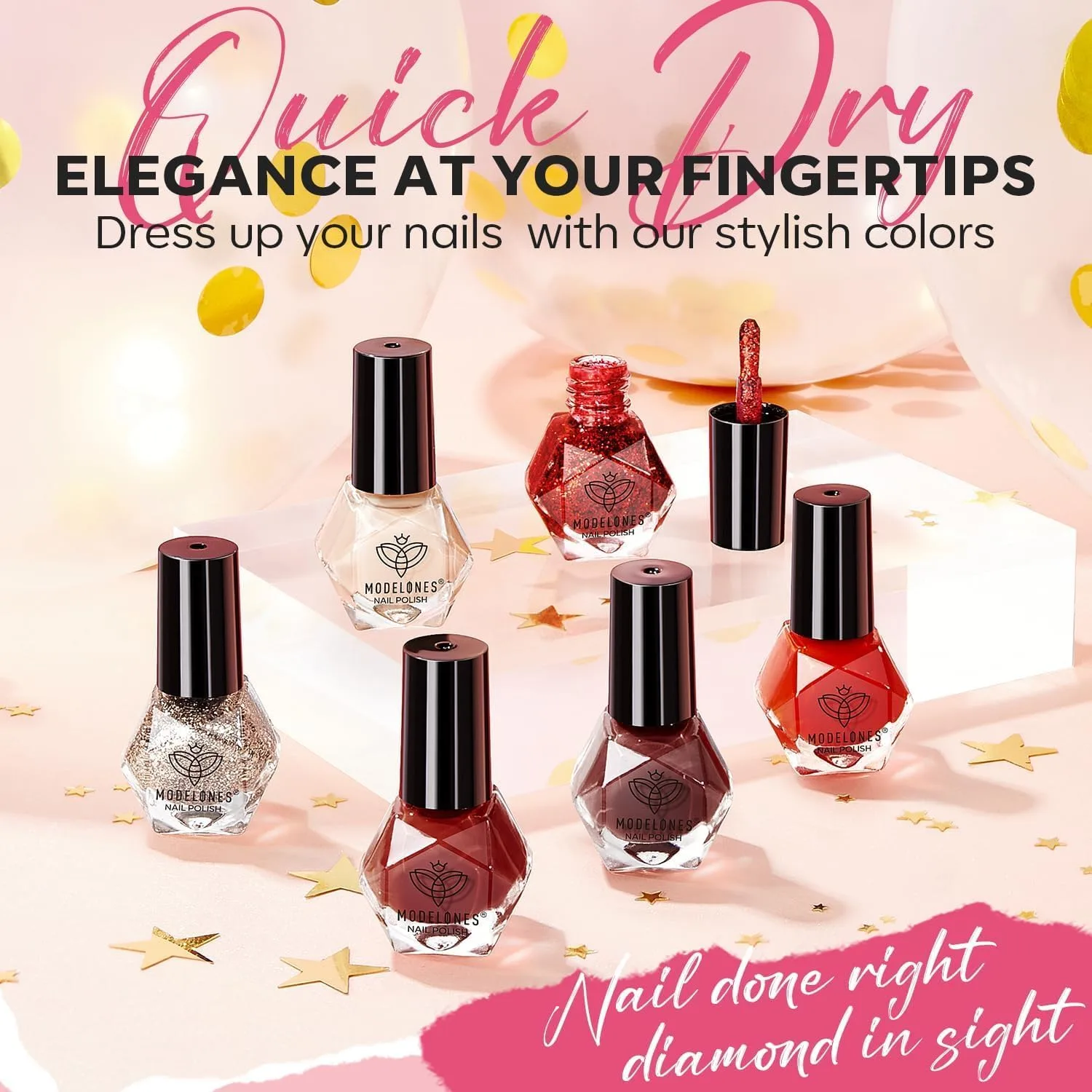 modelones Quick Dry Nail Polish Set, 6 Colors Red Nude Gold Glitter