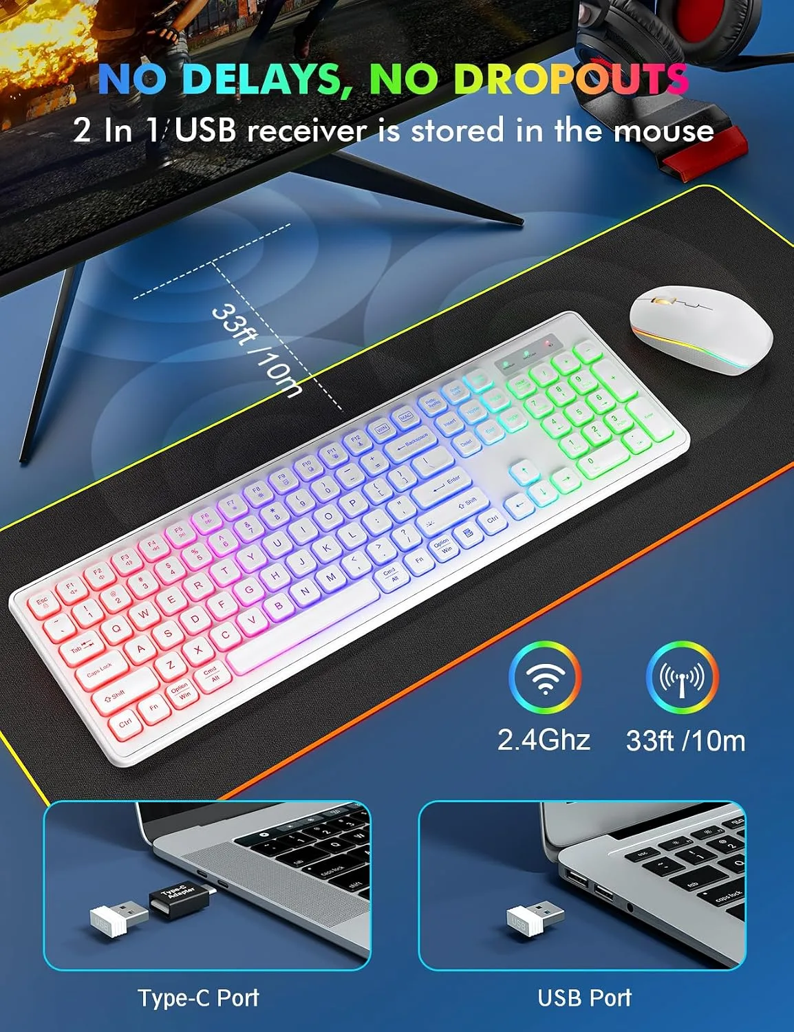 Wireless Keyboard and Mouse Combo with RGB Backlit, Rechargeable