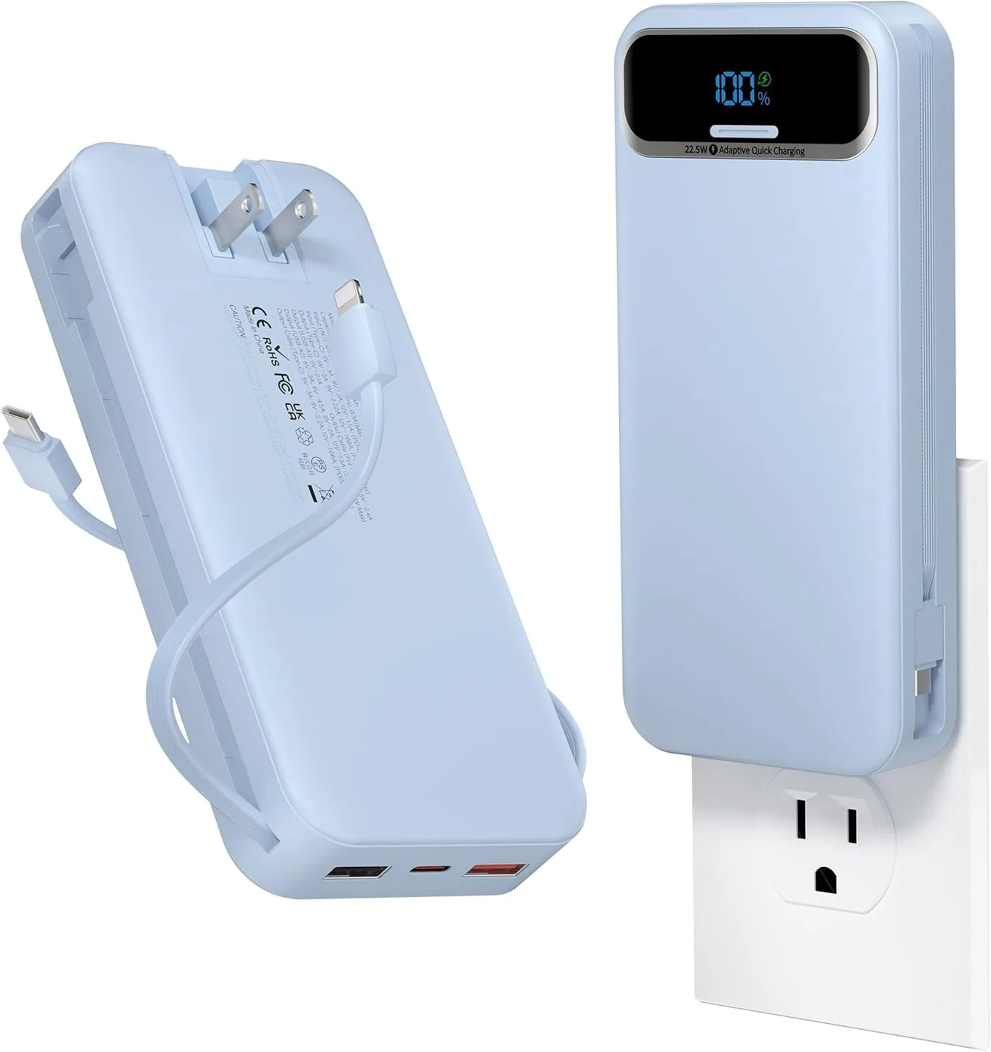 aonidi Portable Charger 20000mAh with Built-in Cables&AC Wall Plug, Blue