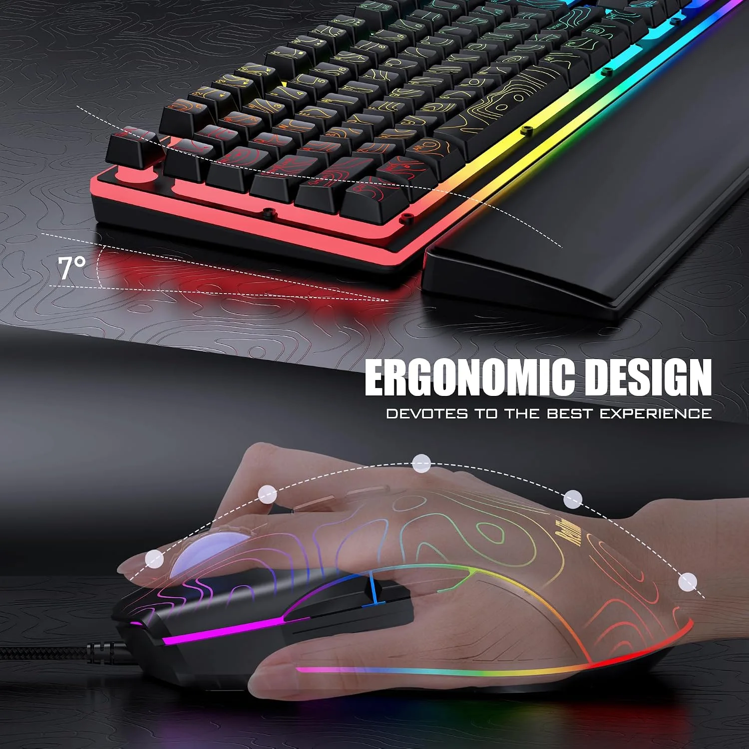 RedThunder K10 Wired Gaming Keyboard & Mouse Combo with Wrist Rest, Adjustable RGB Mechanical Feel Anti-ghosting Keyboard + 7D 7200 DPI Mouse+Soft Leather Wrist Rest for PC Gamers (Black Lines)