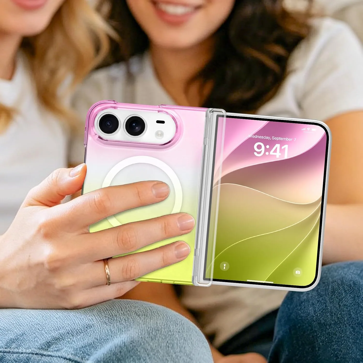 tharlet Magnetic Case Fit for iPhone Duo, Anti Yellowing, Yellow Pink