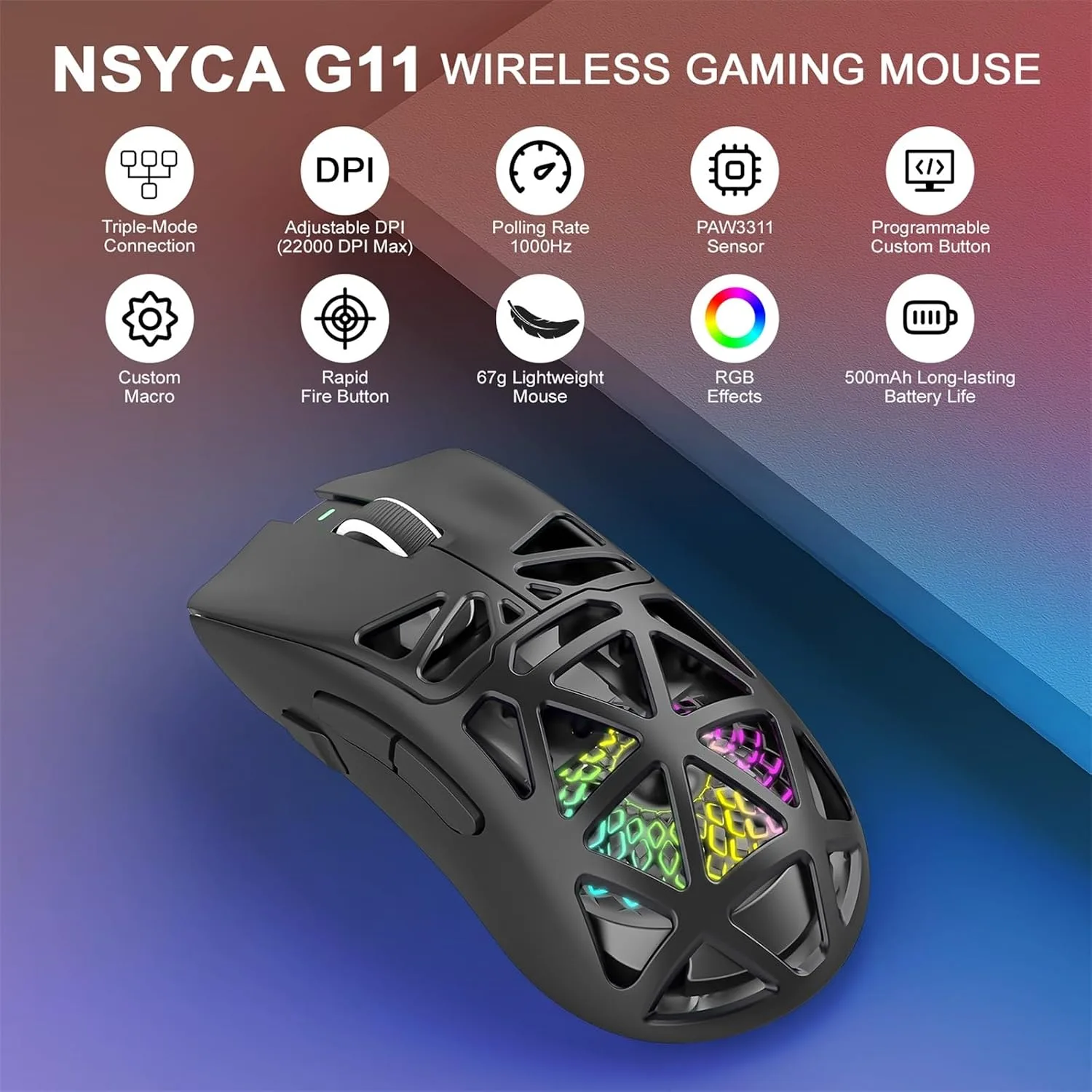 G11 Lightweight Wireless Gaming Mouse for FPS & Competitive Gaming, Tri-Mode Bluetooth 5.1/2.4GHz/USB-C, 22000 DPI RGB Mouse with Programmable Buttons for PC, Laptop & Mac (Black)
