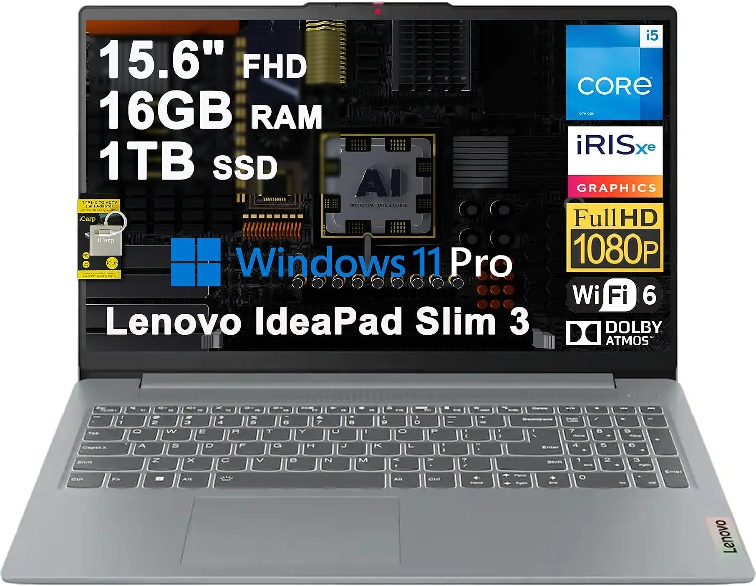 Lenovo IdeaPad Slim 3 Business Laptop 15.6" FHD Anti-Glare Intel 10-core i5-1335U 16GB RAM 1TB SSD Type-C Wi-Fi6 Long-Lasting Battery Rapid Charging Win11Pro ICP Acc