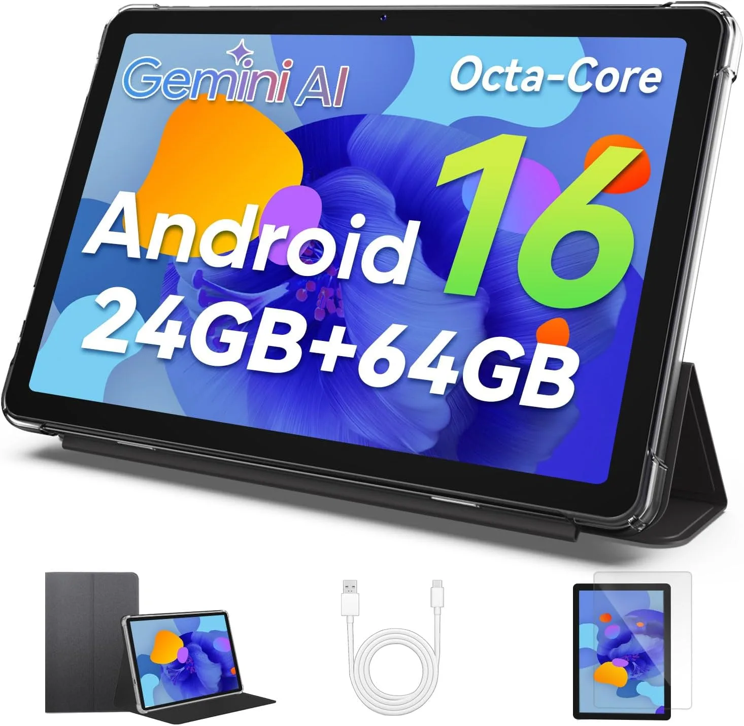 Android 16 Tablet, 10 Inch Tablet with Octa-Core, 24GB RAM 64GB ROM 2TB Expand, 2 in 1 Tablets with Gemini AI, 6000mAh, WiFi, Widevine L1, GMS, Tablets with Case