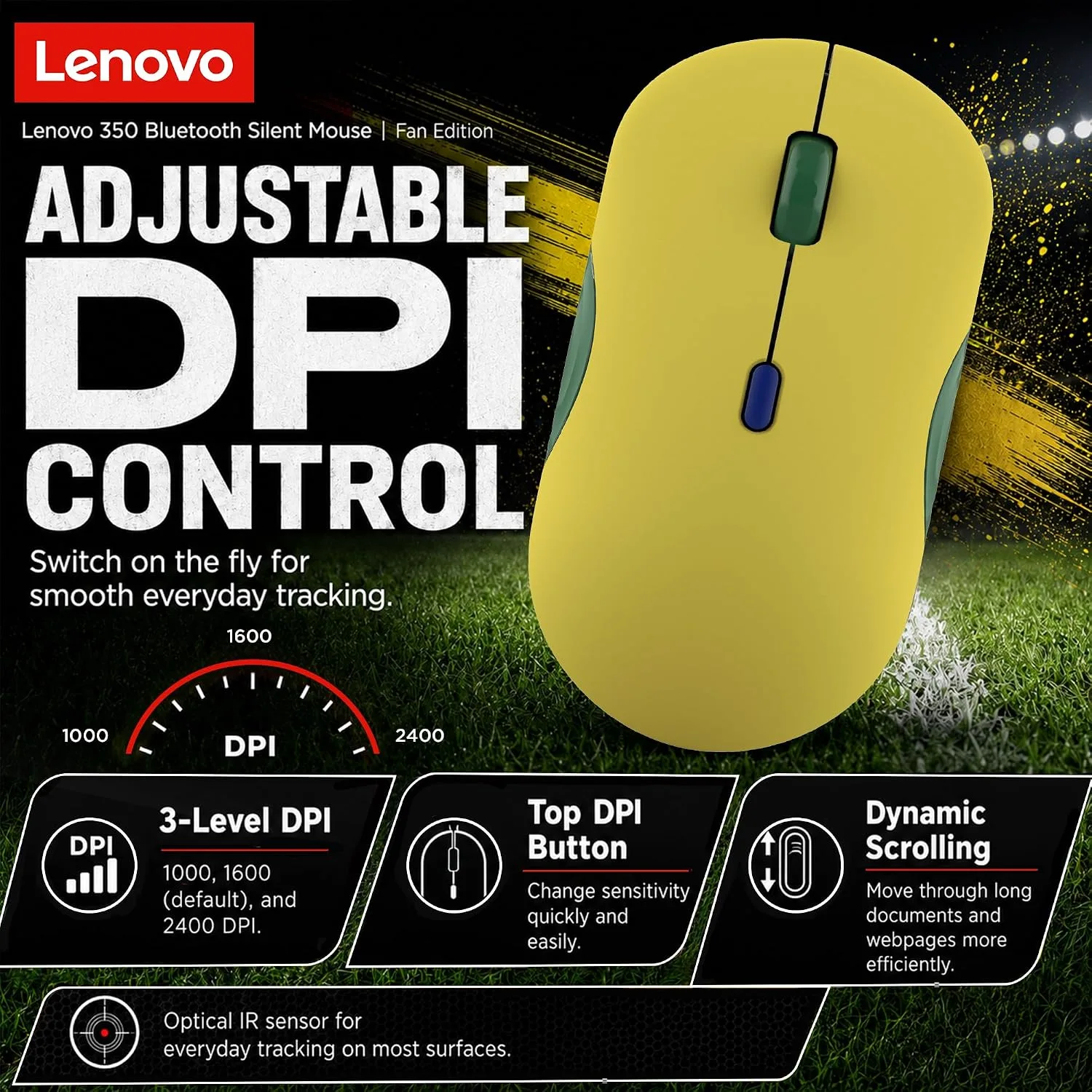 Lenovo 350 Bluetooth Silent Mouse (Fan Edition), Wireless Ergonomic Ambidextrous Design, Bluetooth 5.3, Adjustable DPI up to 2400, 36 Month Battery Life, Recycled Materials, Brazil Flag