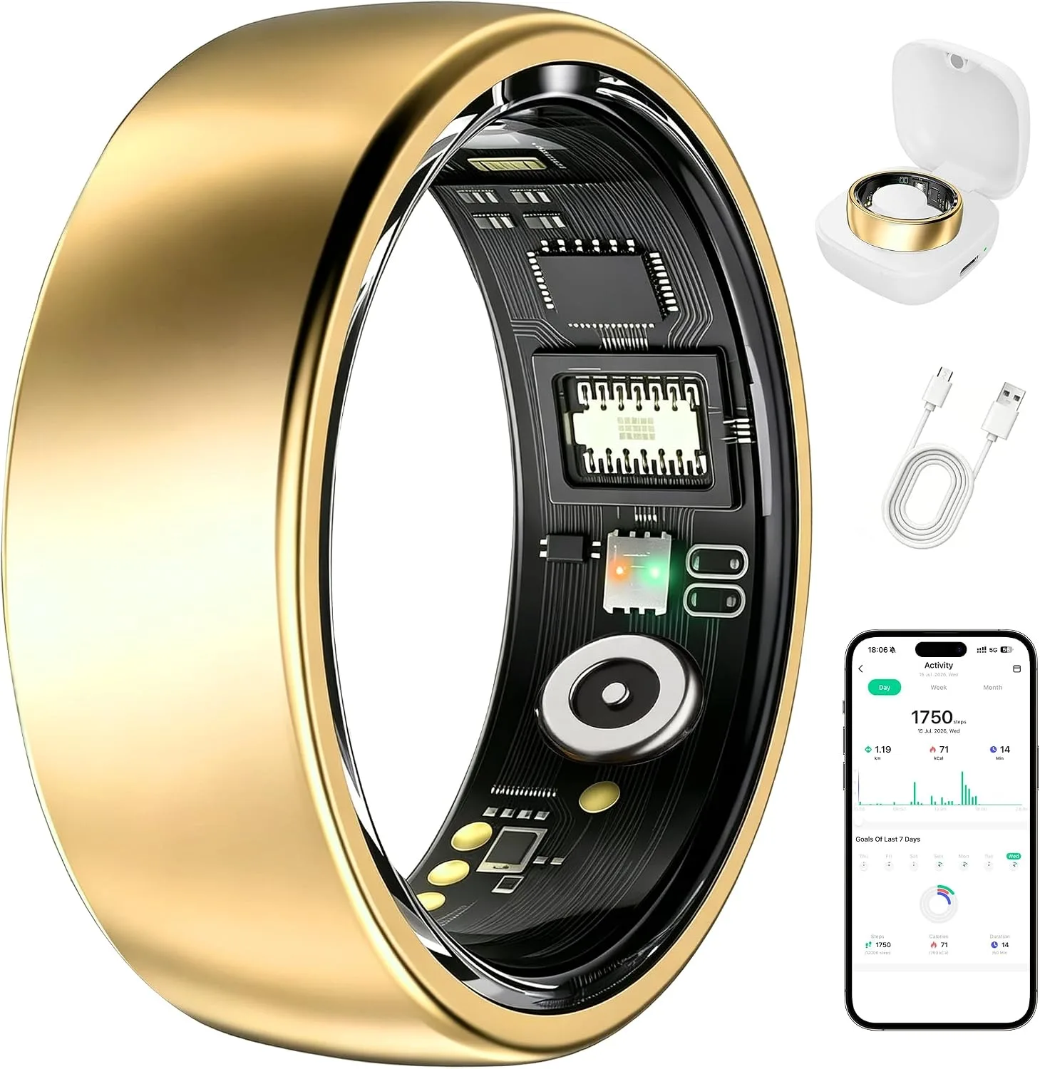 Smart Ring Health Tracker for Women & Men, Stress & Sleep Monitor, Heart Rate & Step Tracker, No Subscription Required, iOS/Android Compatible (Gold, 7)