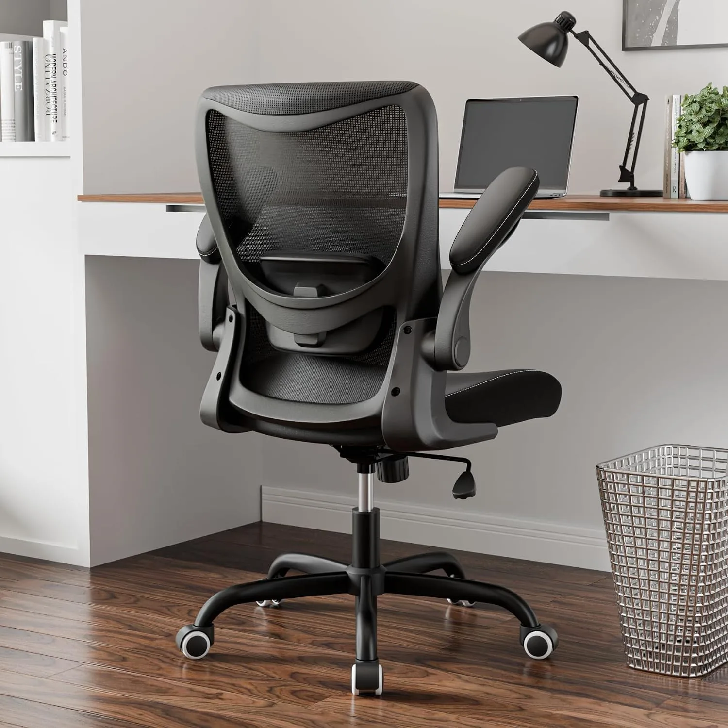 MUXX.STIL Office Chair, PU Leather Ergonomic Desk Chair with Adjustable Lumbar Support and Flip up Armrest, Breathable Mesh Computer Chair for Home Office, Black