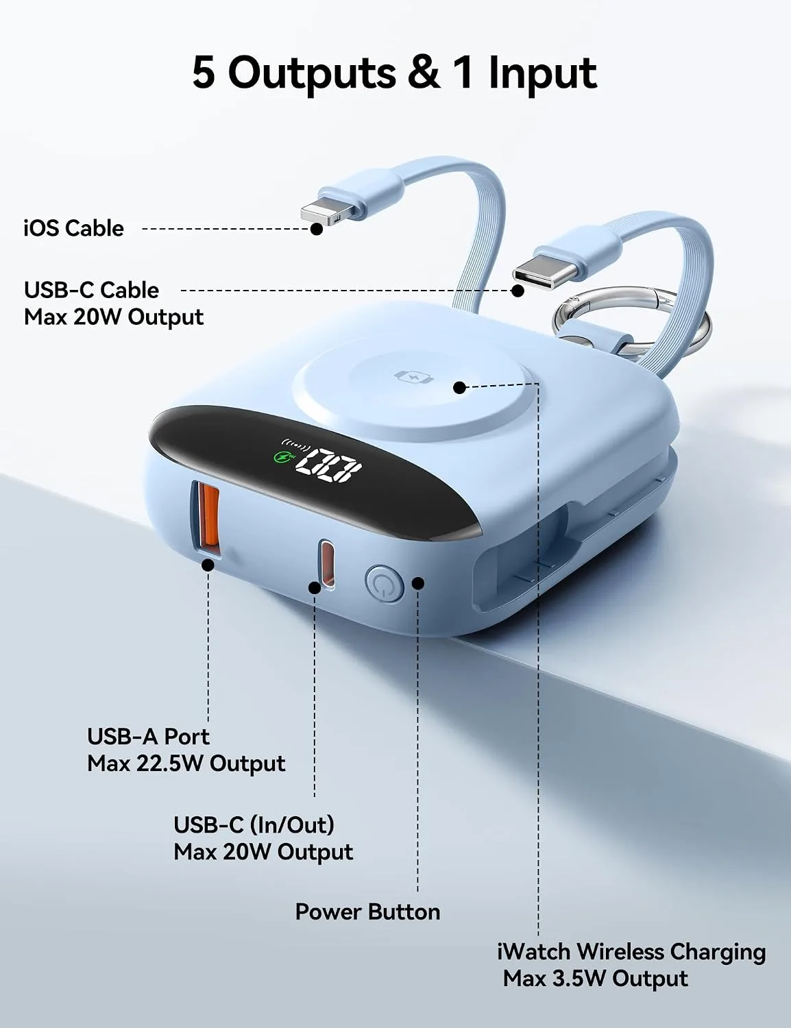 Portable Charger 10000mAh 22.5W Power Bank Built-in 2 Cables Keychain
