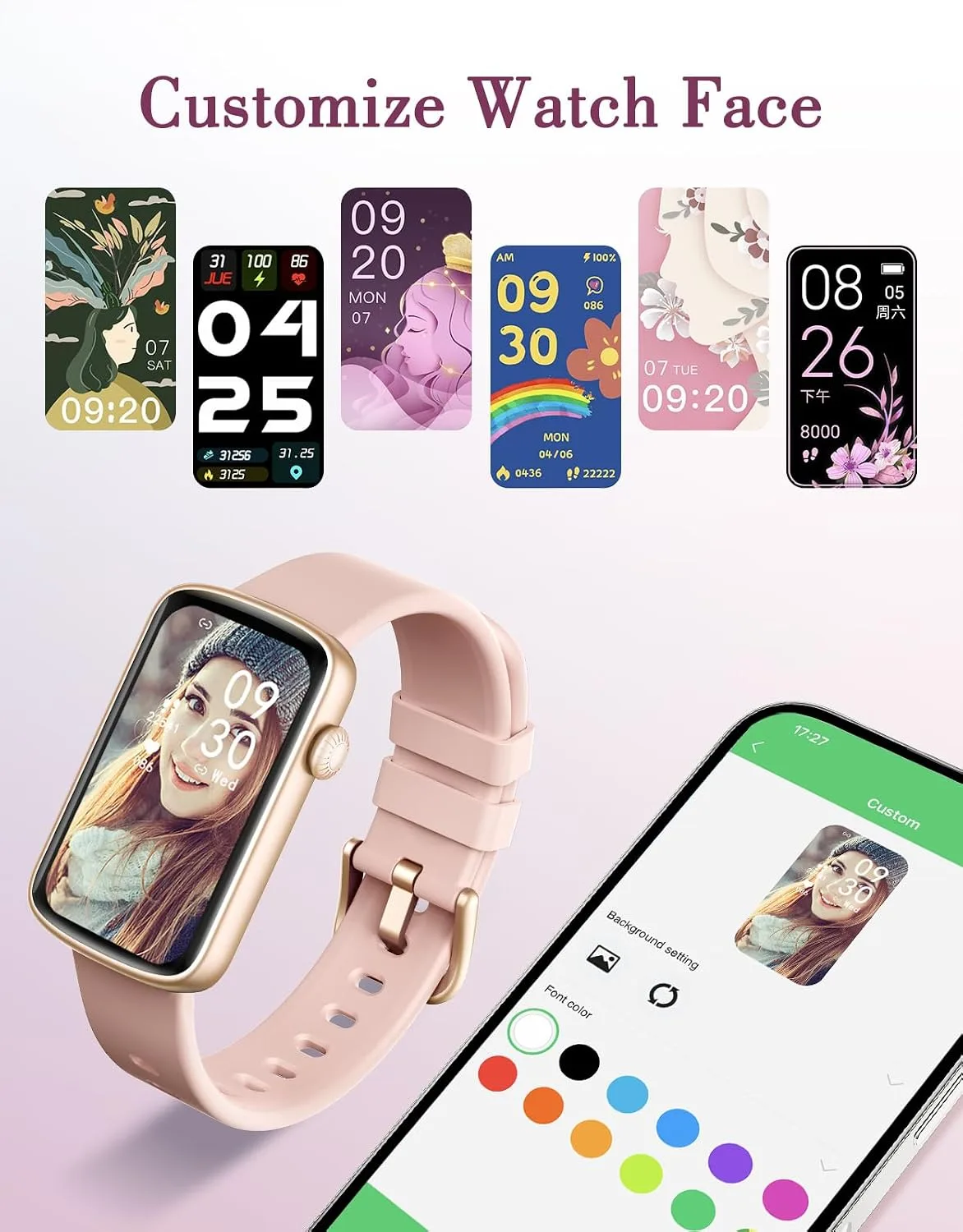 Fitness Watches for Women, LYNN2 Fitness Tracker with Heart Rate Monitor Blood Oxygen/Sleep Tracker Pedometer, Slim Step Tracker Watch for iOS/Android Phones Waterproof (Pink)
