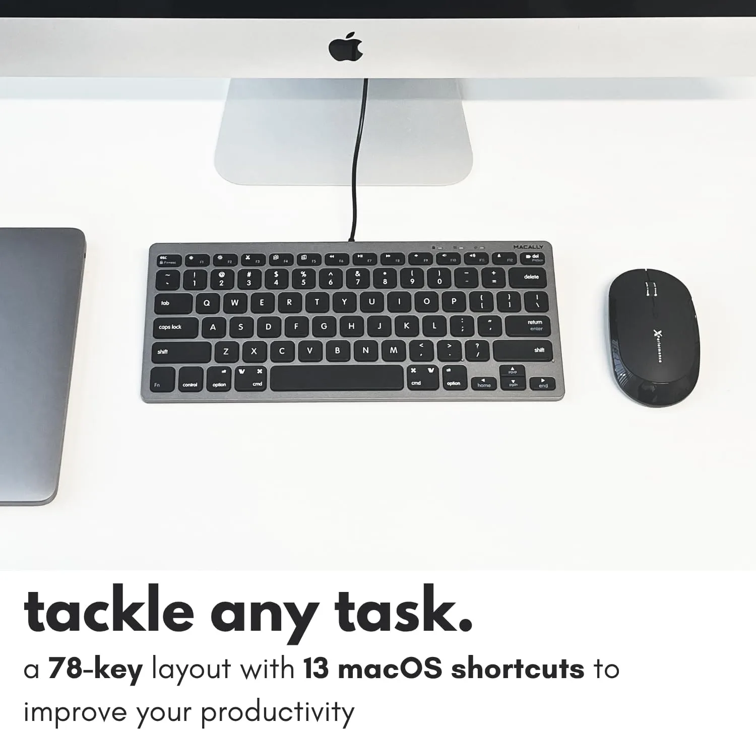 Macally Small USB Wired Keyboard for Mac and Windows - 78 Scissor Keys, 13 Shortcut Compatible Apple Keyboard - Mini Compact USB Computer Keyboard That Saves Space and Looks Great - Space Grey