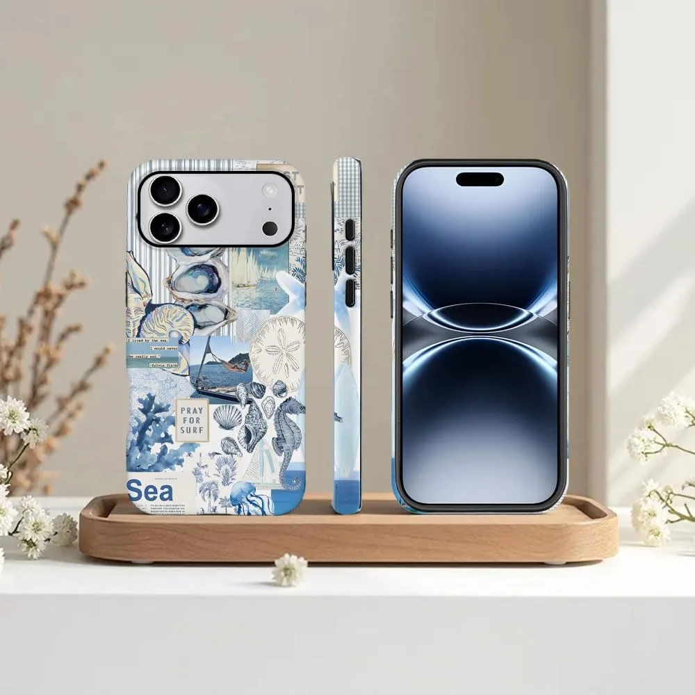 Case Compatible with iPhone 18 Pro Max/iPhone 17 Pro Max,Fall Prevention Hybrid 2-Layer Hard Shell Phone Cover for Girls Boys,Seashell Ocean Blue Retro Collage