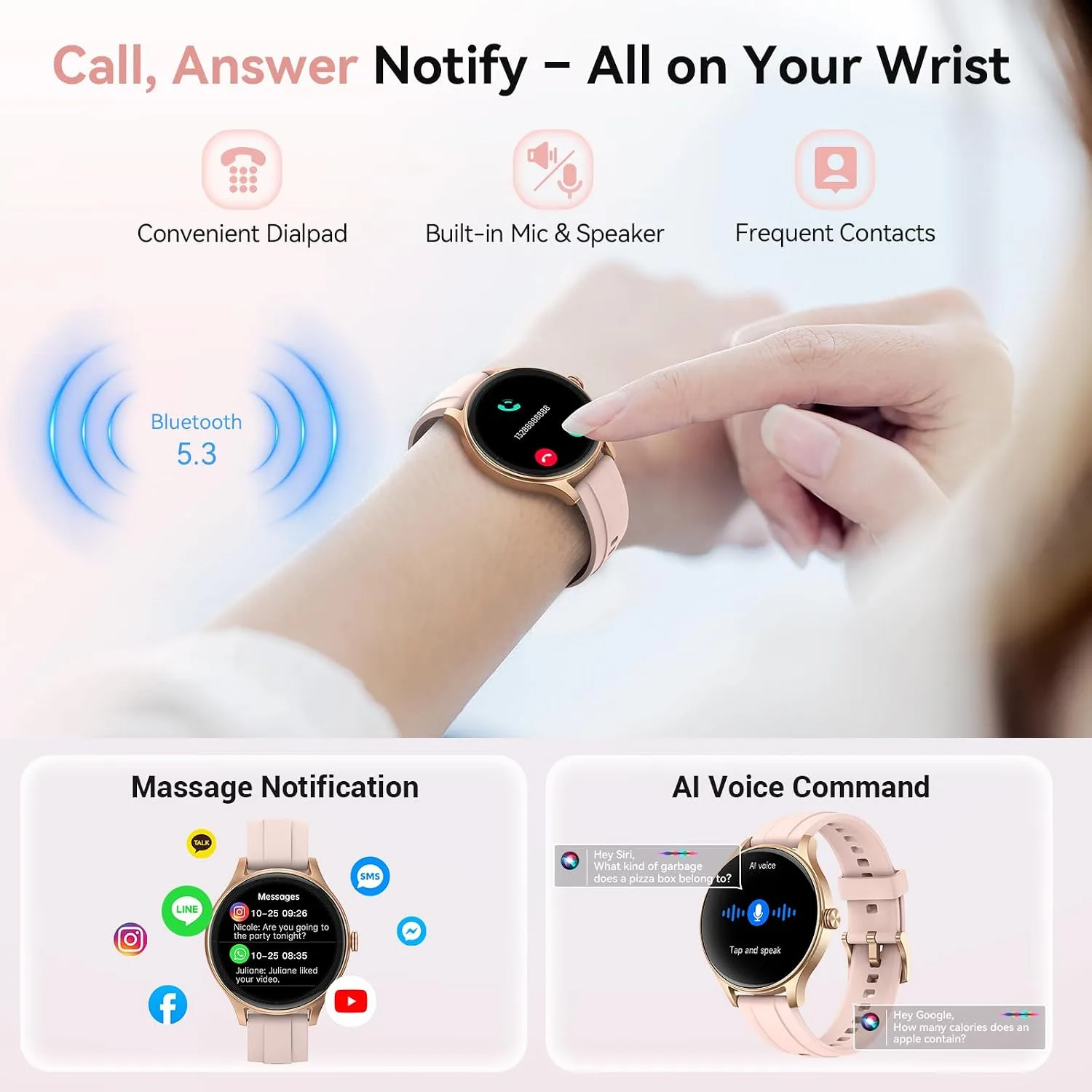 Fitpolo Smart Watch for Women Android & iPhone (2 Bands Sakura Pink)