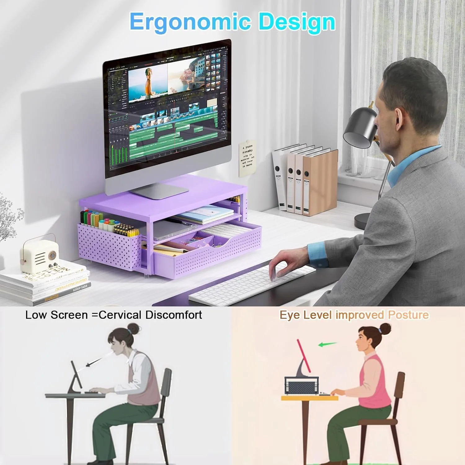 gianotter Monitor Stand with Drawer and 2 Pen Holders (Matte Purple)