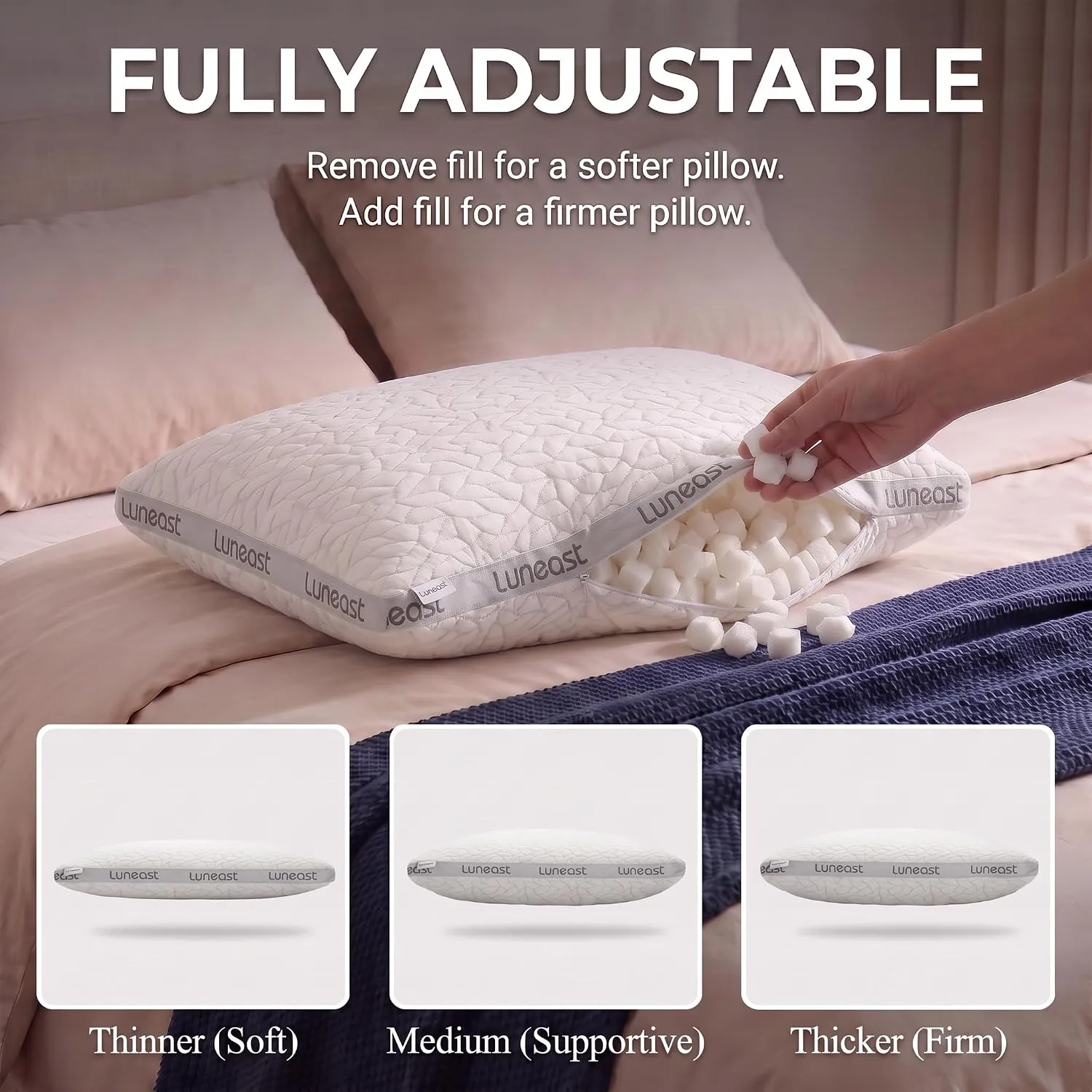Luneast Adjustable Memory Foam Pillow, Queen,Extra Fill, Washable Cover