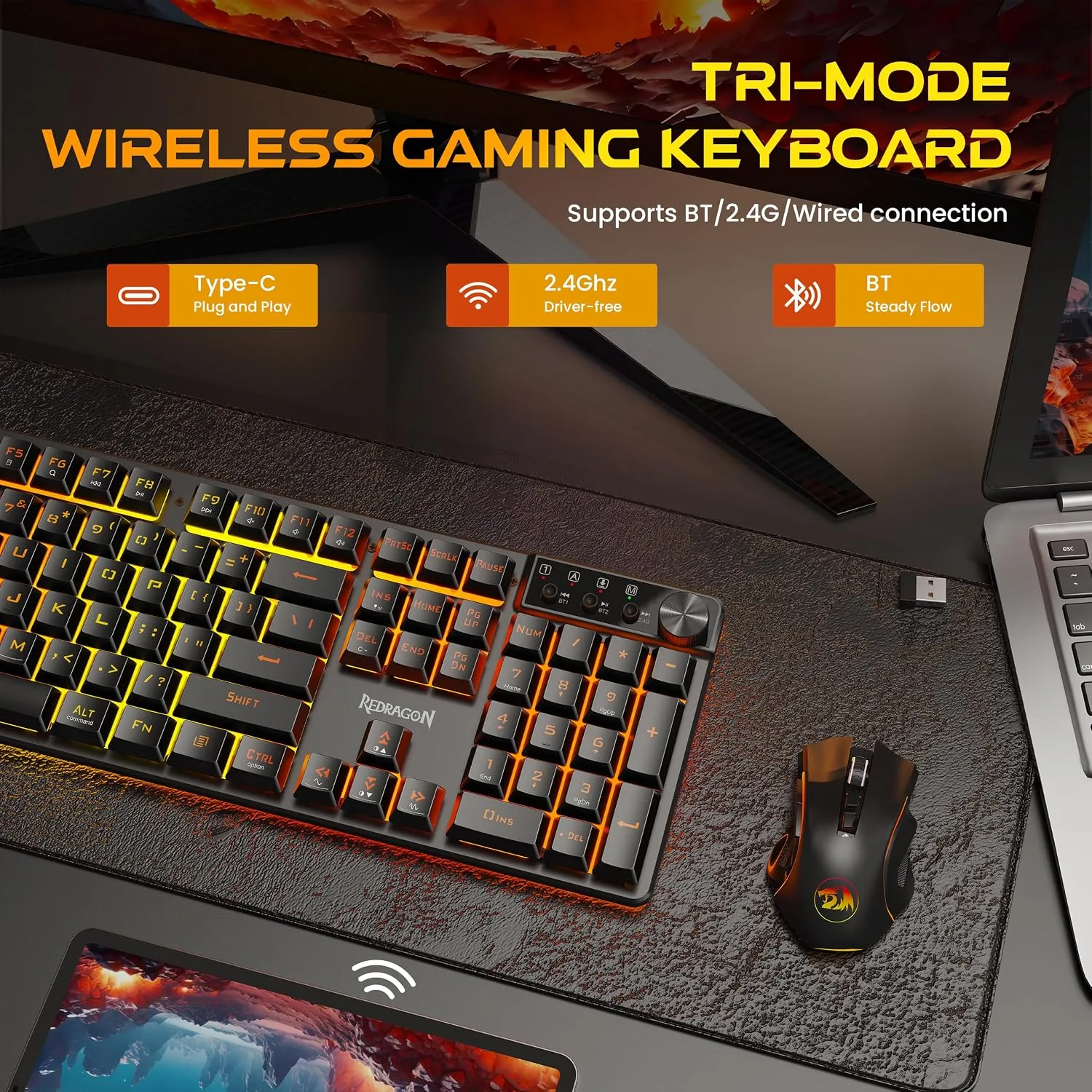 Redragon K521KS Wireless Gaming Keyboard, Tri-Mode BT/2.4G/USB-C RGB Mechanical Feeling Keyboard with Multimedia Keys, 4000mAh Battery, Anti-Ghosting, Compatible with PC - Upgrade