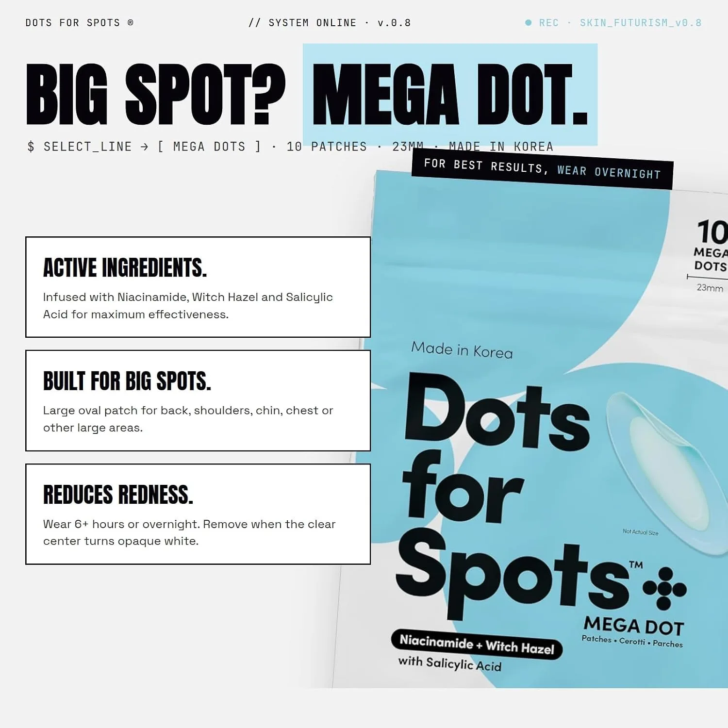 Dots for Spots Large Pimple Patches for Body, Chin, Cheek or Forehead - Includes Active Ingredients Niacinamide, Witch Hazel & Salicylic Acid for Maximum Effectiveness - Reduces Redness (10 patches)