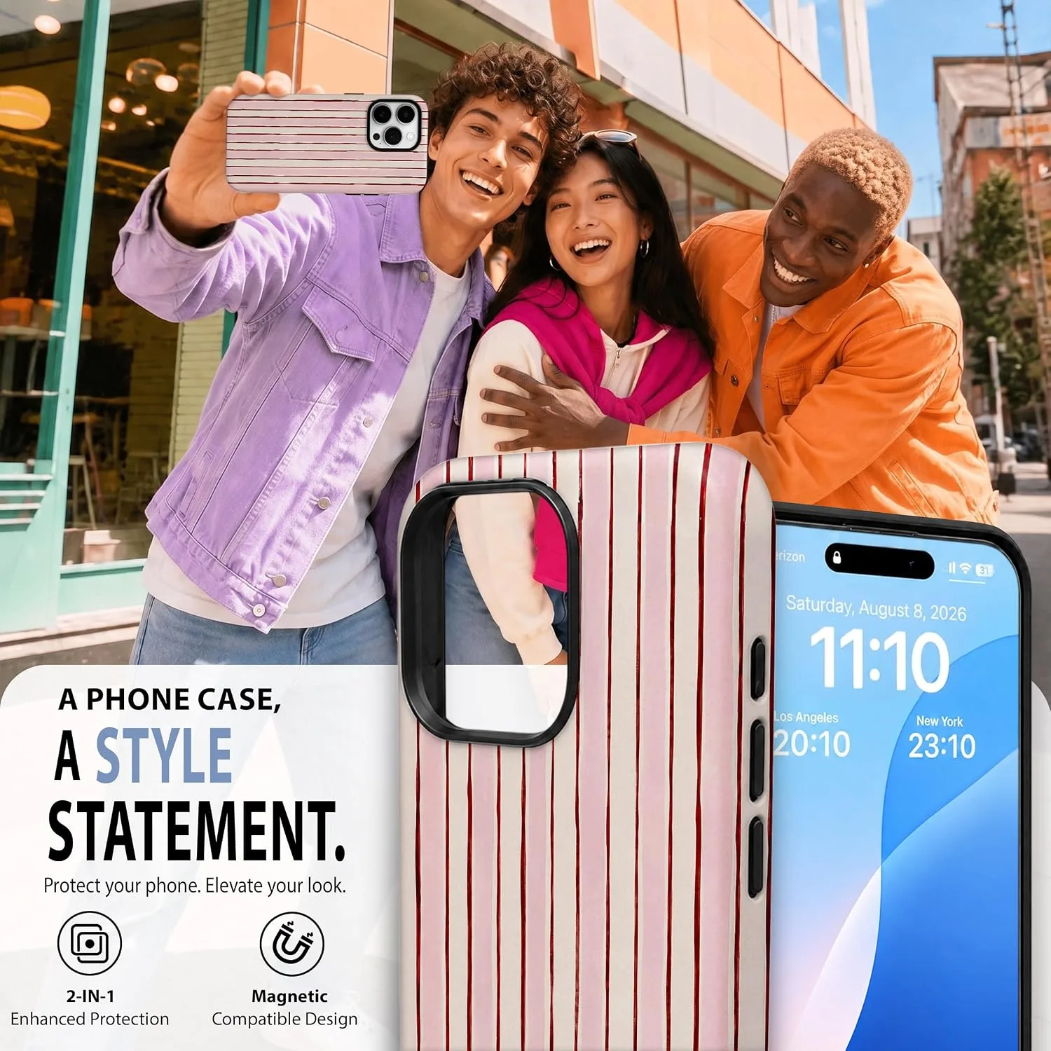 Magnetic for iPhone 15 Pro Max Phone Case, Pink & White Striped
