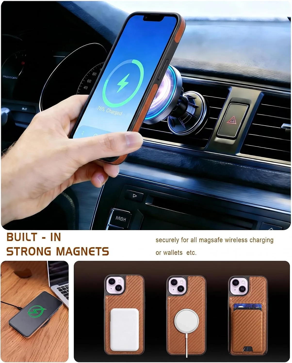 Magnetic Detachable Wallet Case for iPhone 15/14 Plus with Kickstand,2-in-1 MagSafe Compatible RFID Blocking Card Holder,Slim PU Leather Cover Carbon Coffee