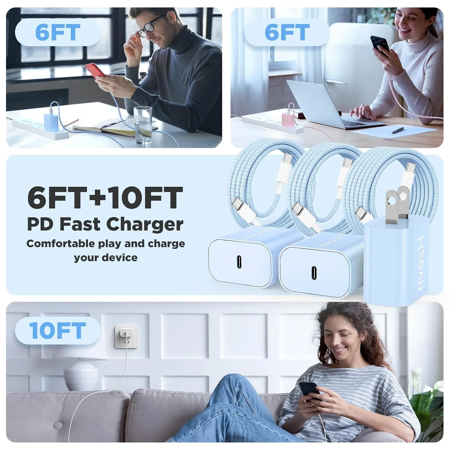 20W USB C Fast Charging for iPhone 17 Air/16/15 Pro Max,3Pack Colorful Mixed Charger Block with Braided Long USB C to C Cables (6/6/10ft) Compatible with iPhone16/15 Pro/15 Plus/iPad Pro