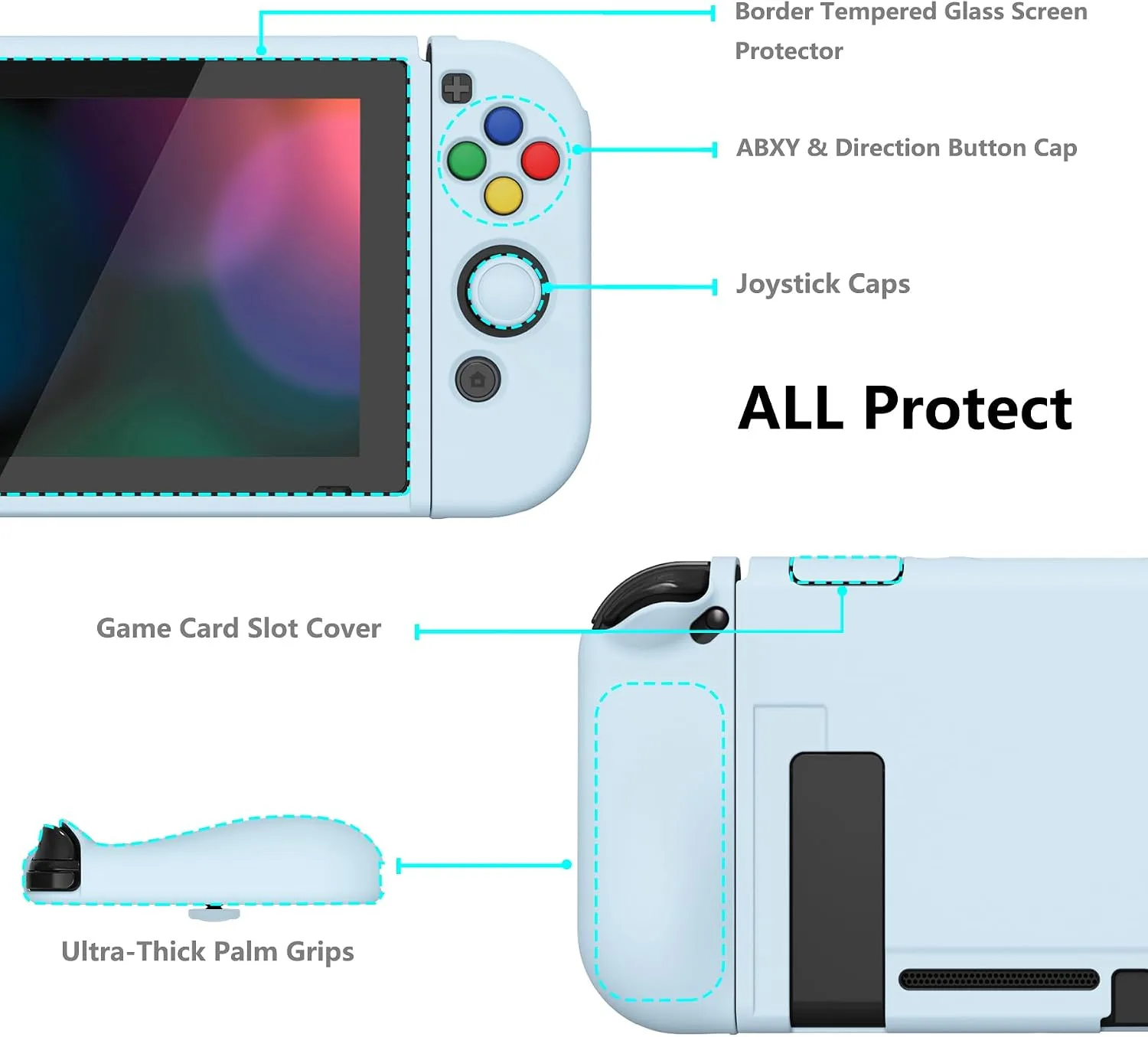 playvital ZealProtect Soft Protective Case for Nintendo Switch, Flexible Joycon Cover Slim Cover for Nintendo Switch with Screen Protector & Thumb Grips & Direction Button Caps - Sky Blue