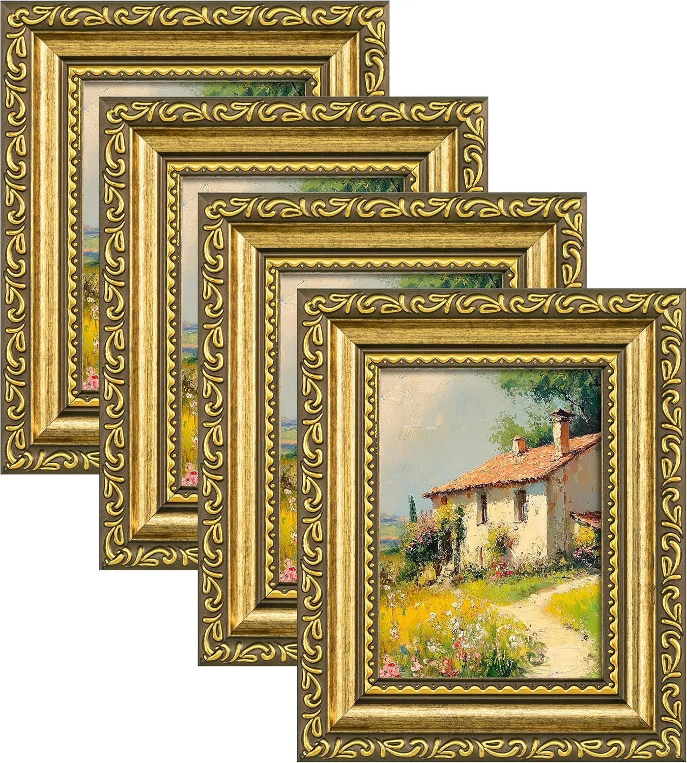 eletecpro 3x4 Vintage Picture Frame, Glass Cover, Gold, 4-Pack