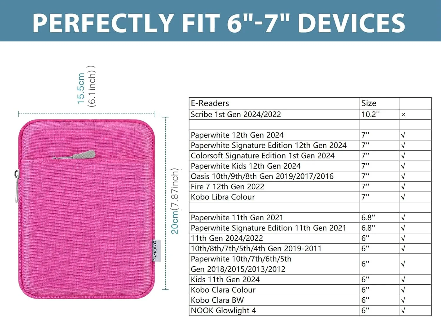 TiMOVO 6-7 Inch Sleeve Case for eReader, Rose Pink