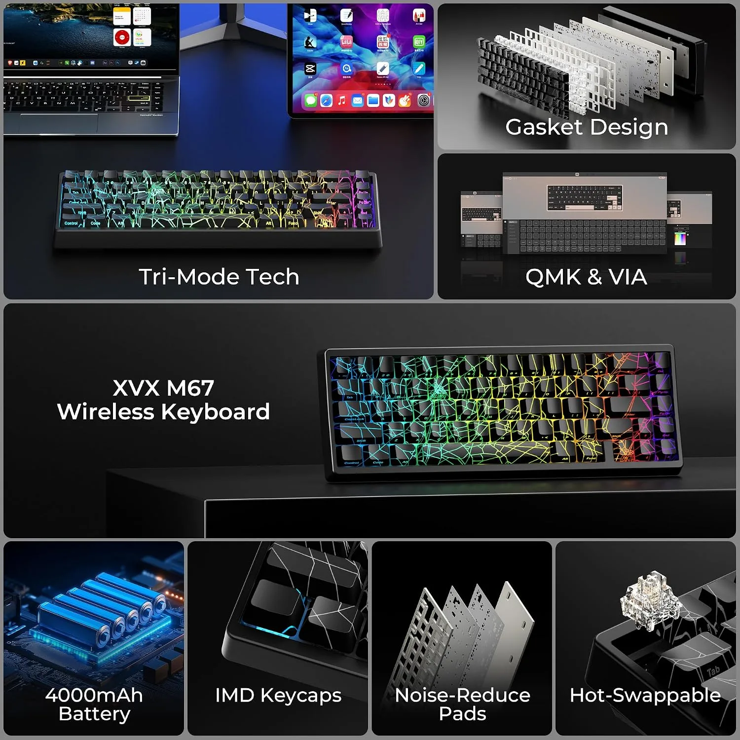 HITIME x XVX M67 60% Percent Keyboard Wireless, QMK/VIA Black Spider Web Gaming Keyboard, Tri-Mode Thocky Creamy Mechanical Key Board, Hot Swappable Gasket Mount RGB IMD Tech for Win/Mac