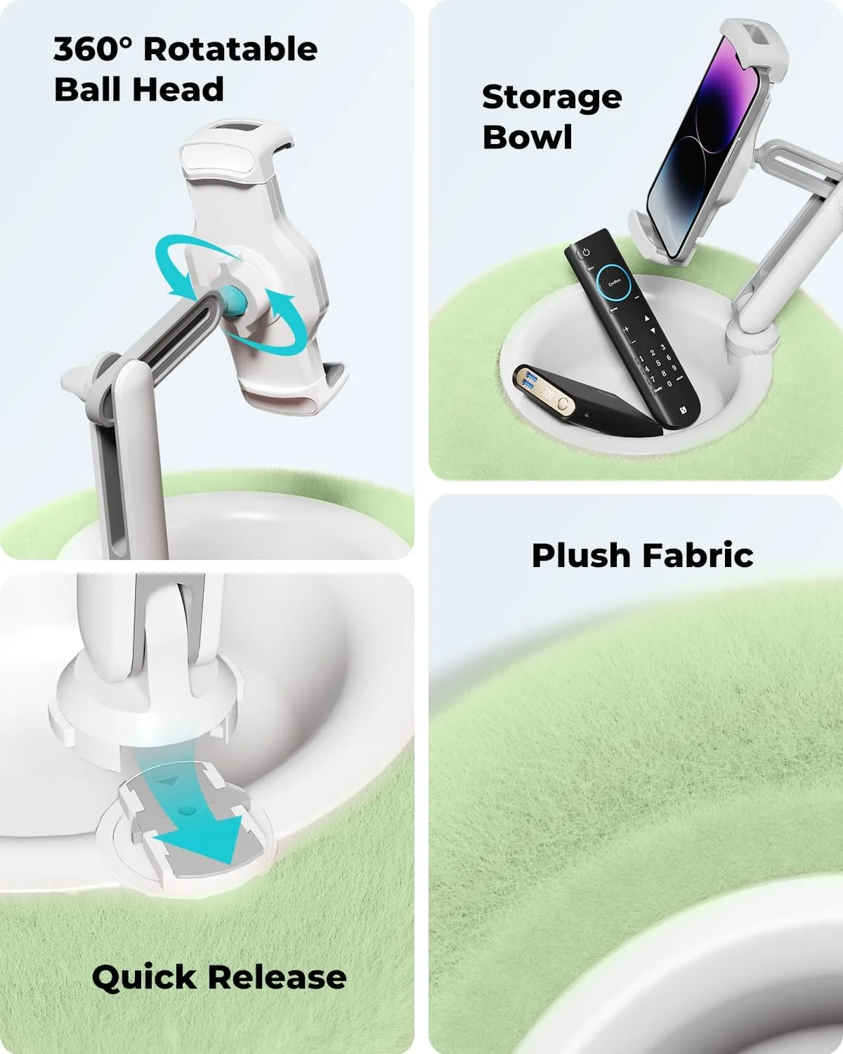 Viozon Tablet Stand Pillow, Compatible with 4.7"-13" Phone/Tablet, iPad, iPhone, Samsung, Google, Kindle, 360°Adjustable Phone Holder for Bed with Soft Plush Fabric, and Detachable Bowl, Green