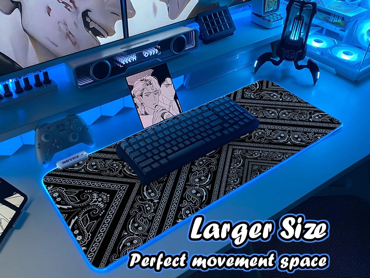 JMIYAV White Gaming Mouse Pad RGB Mousepad 31.5x12In Non-Slip Rubber Base Extra Large Cool XL XXL Computer Desk Pad Gaming Accessories Setup LED Light Up Big Mouse Pad for Gamer Black Obsidian Weave