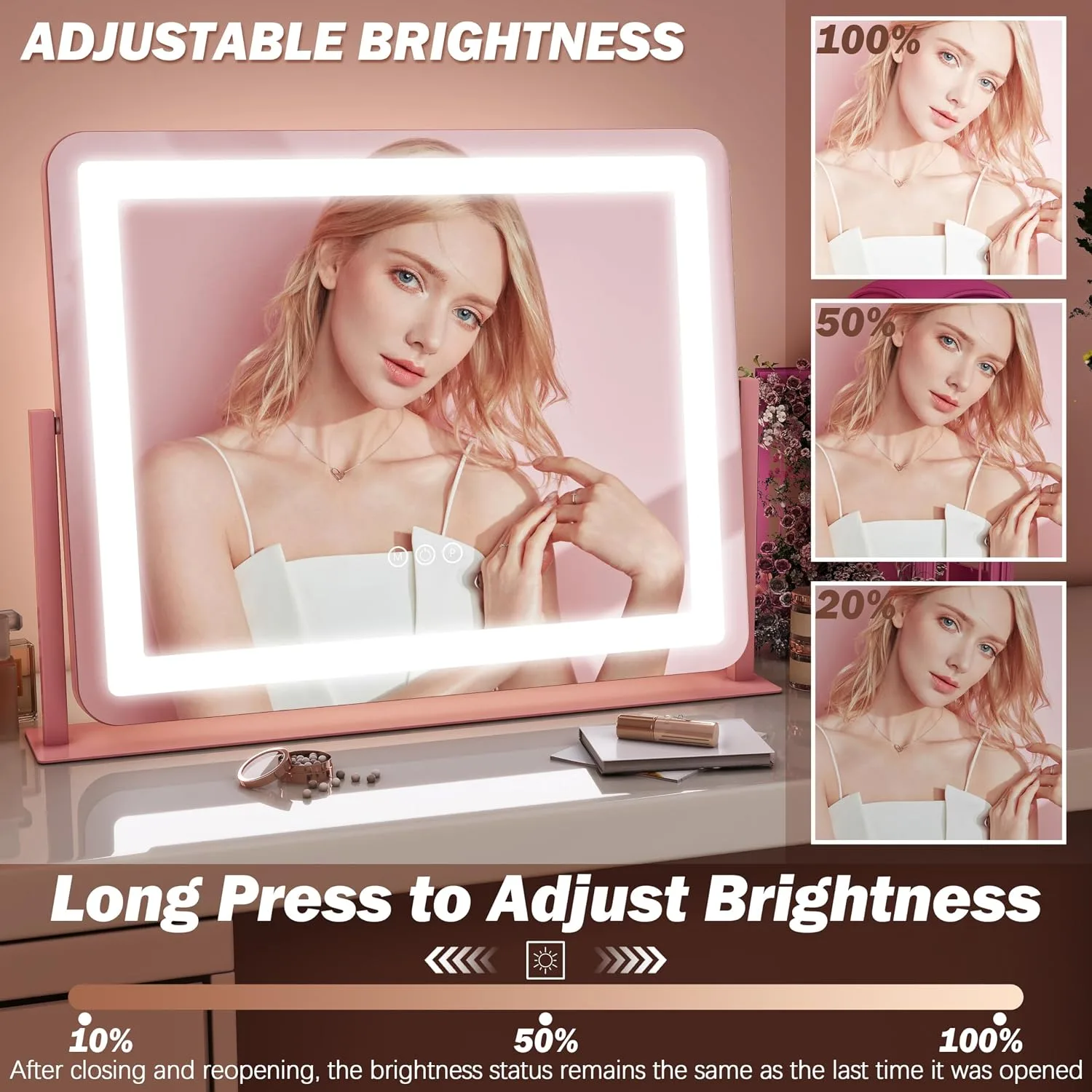 FENNIO Vanity Mirror with Lights 22''x17'' Makeup Mirror,Vanity Mirror Touch Screen with 3-Color Lighting,Dimmable,for Vanity Desk Tabletop（Pink）