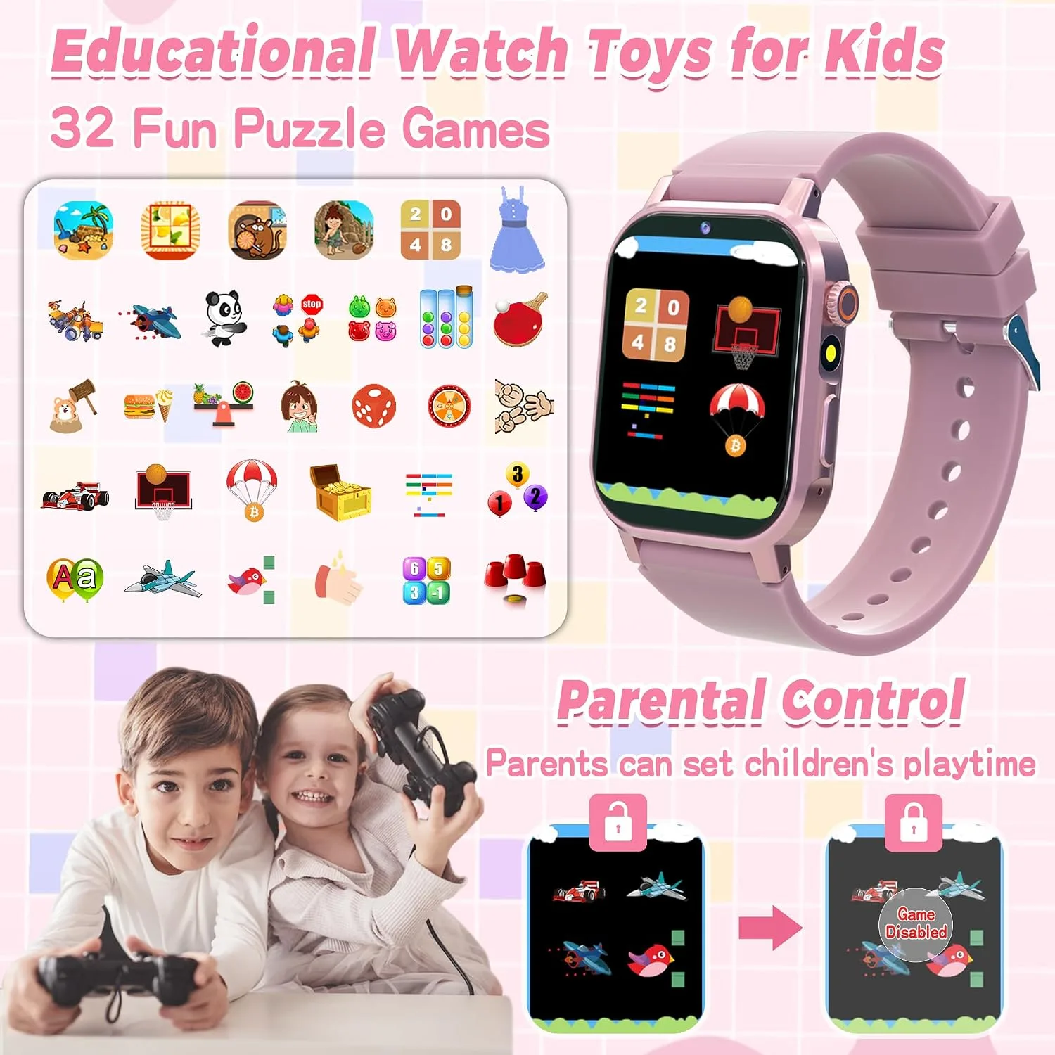 Kids Smart Watches Girls Gift Ages 3-12 with 32 Puzzle Games, Camera, Music