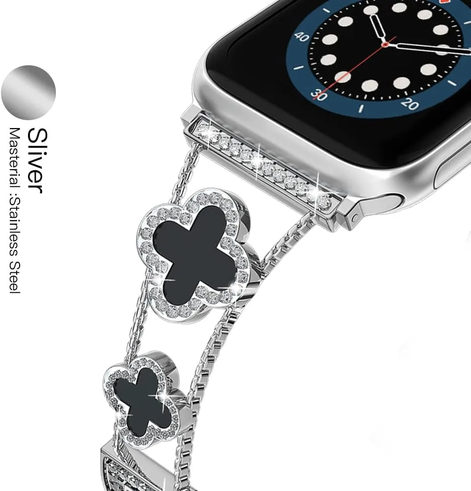 Musk-MSKR Diamond Metal Bands Add Sparkle to Your Watch For Apple Watch Series 12/11/10/9/8/7/6/5/4/3/2/SE/Ultra Clover Simple and Stylish Compatible with 38mm40mm41mm42mm44mm45mm 46mm49mm Women's Wear