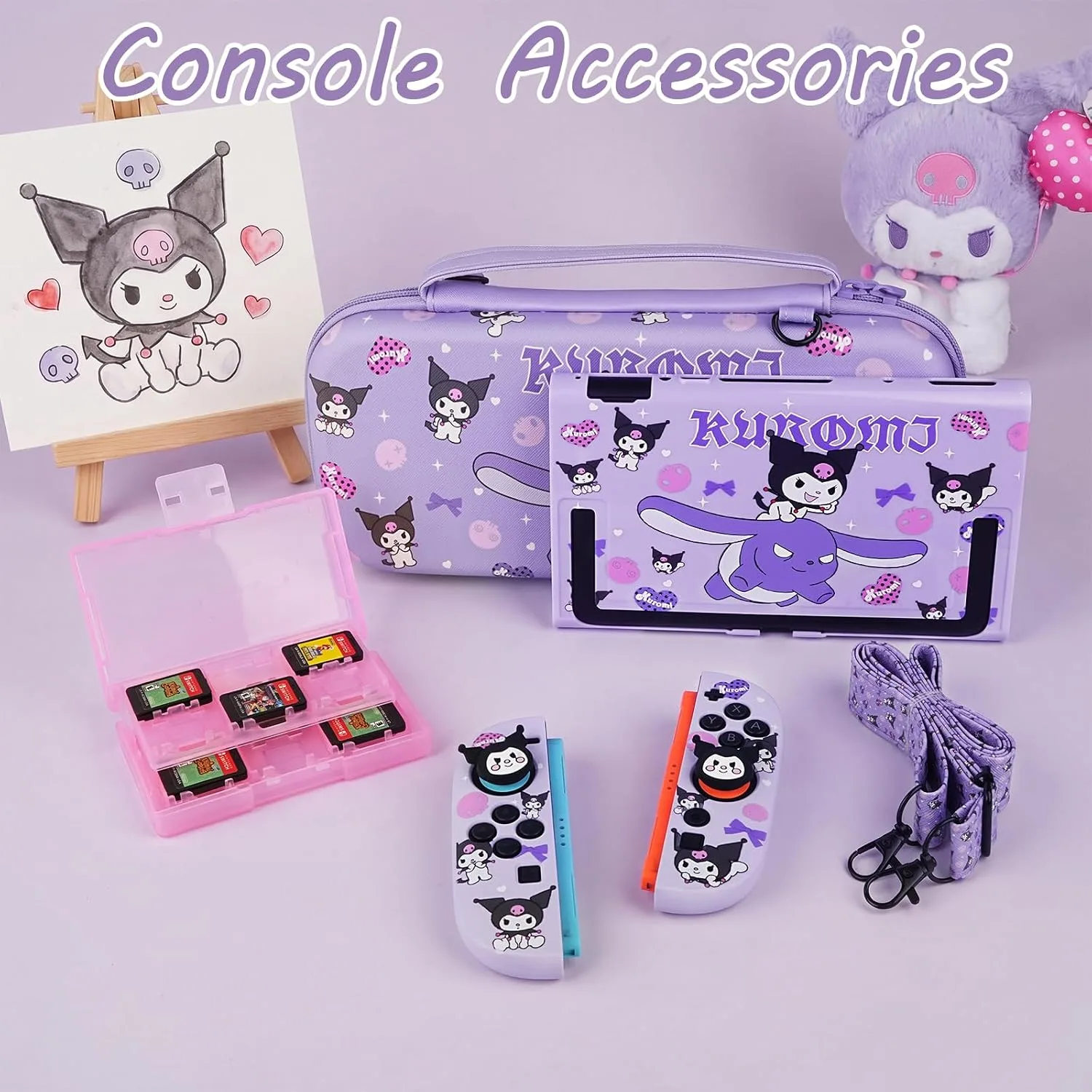 TIKOdirect Carrying Case for Switch 2, Cute Portable Bag Accessories with Soft Protective Case, Screen Protectors and Thumb Grip caps, Game Card Case 7in1, Purple