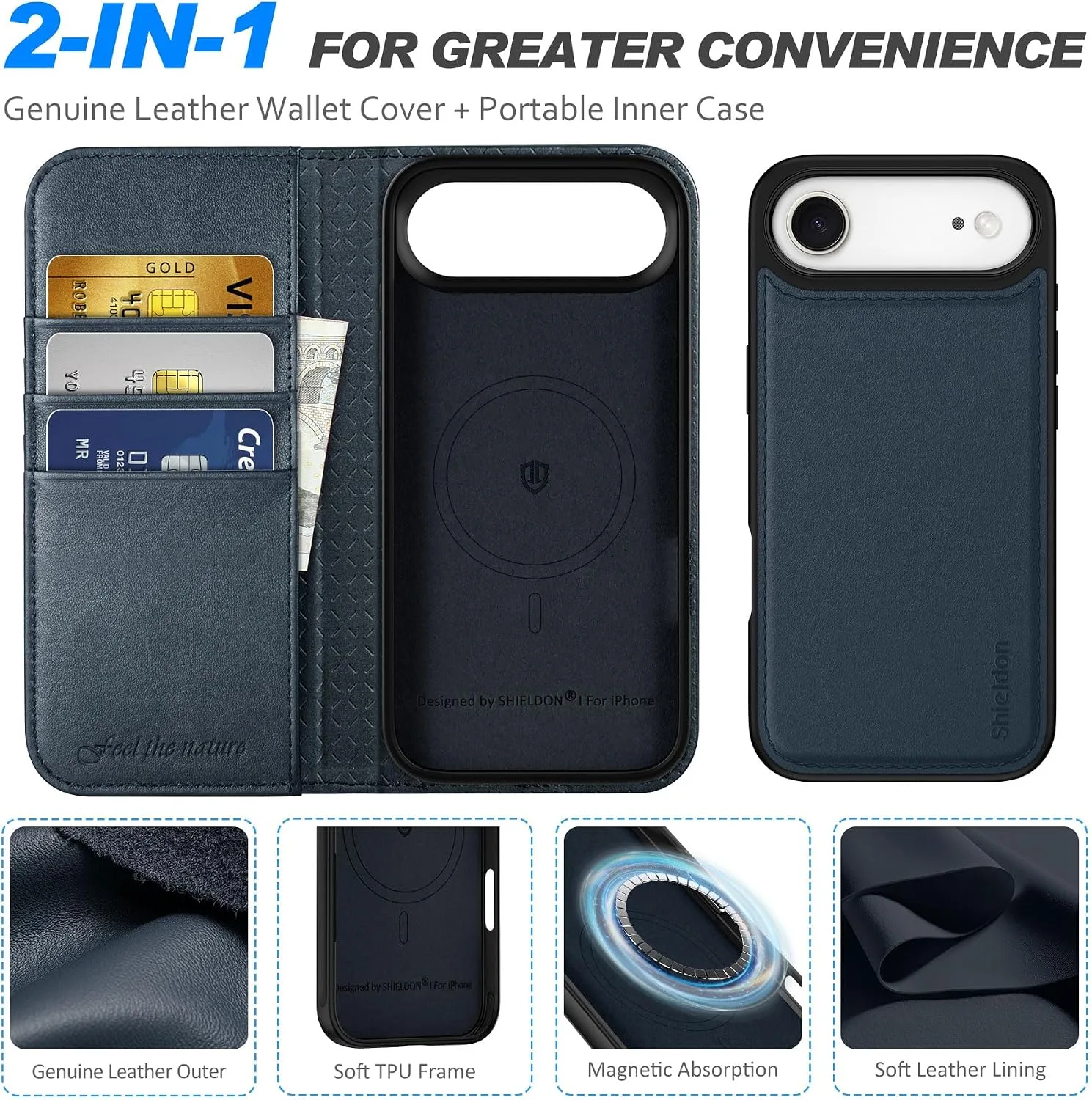 SHIELDON Detachable Leather Wallet Case for iPhone Air 6.5" 2025, Navy Blue
