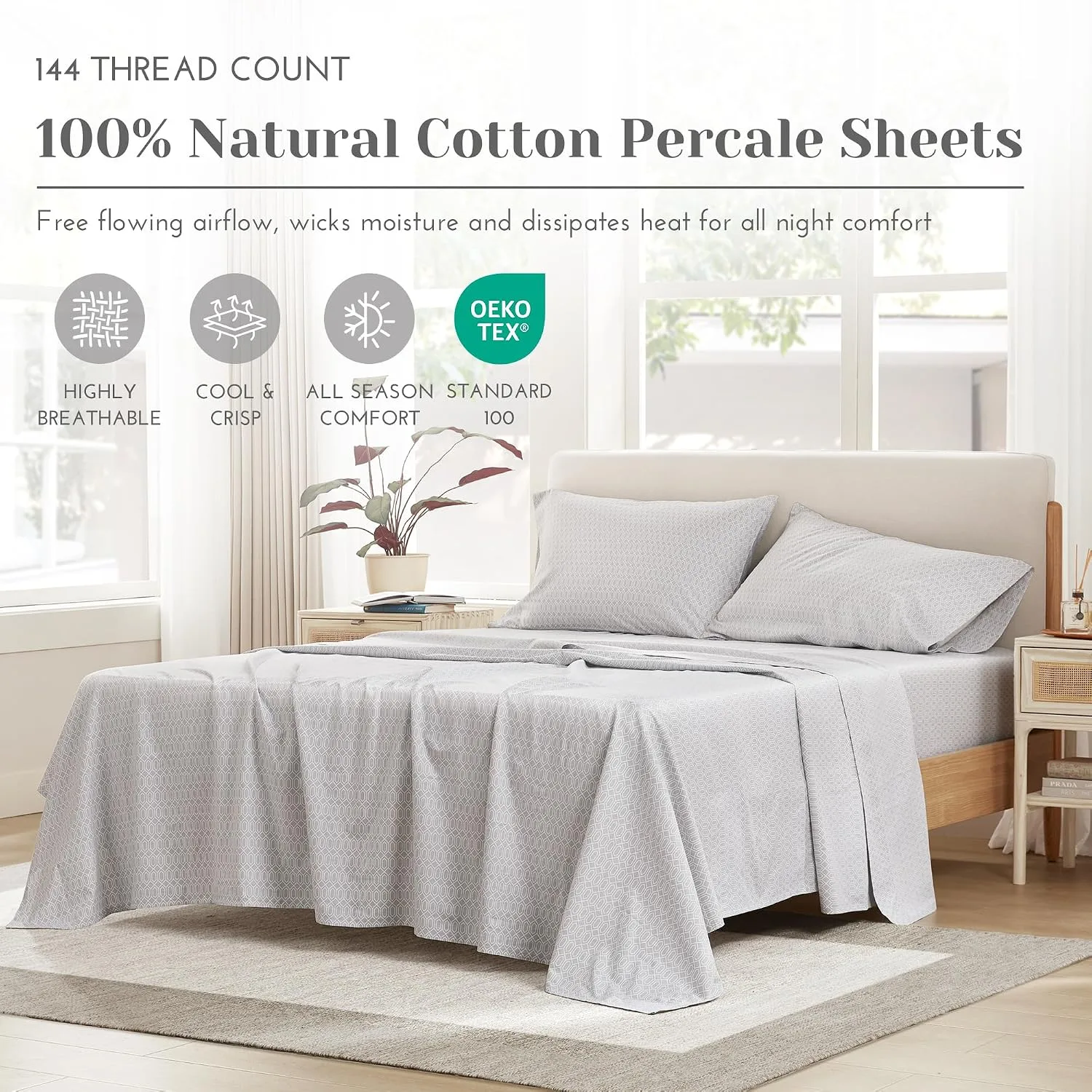 Comfort Spaces 100% Cotton Percale Sheets Queen Size 4 Piece, Diamond Grey