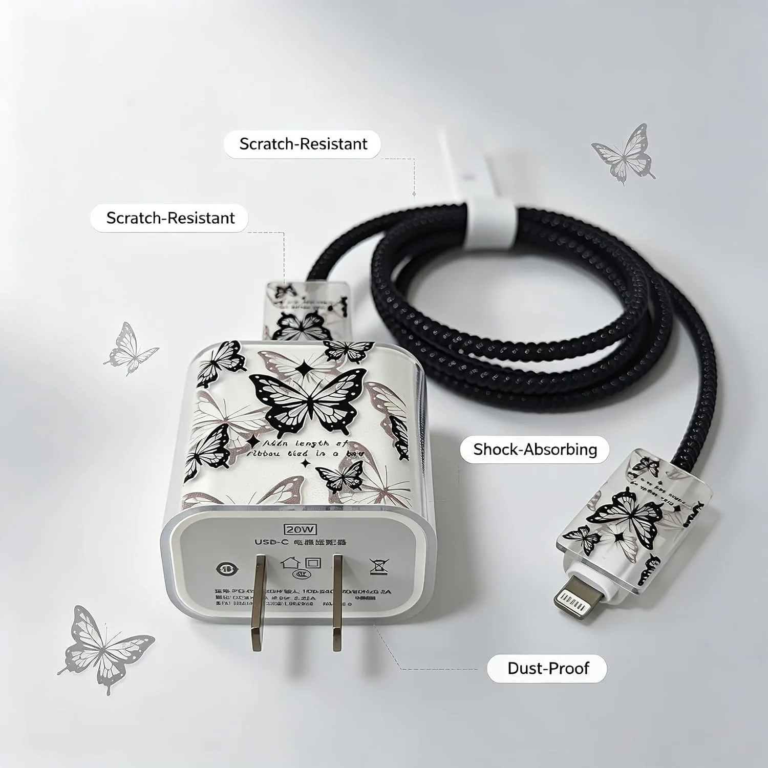 Compatible with iPhone 18W/20W USB-C Charger Protector Cover, 3D Cute Cartoon Charger Case for Apple iPhone 20W USB-C Power Adapter and Lightning Cable Protective Wire Saver (Butterfly)